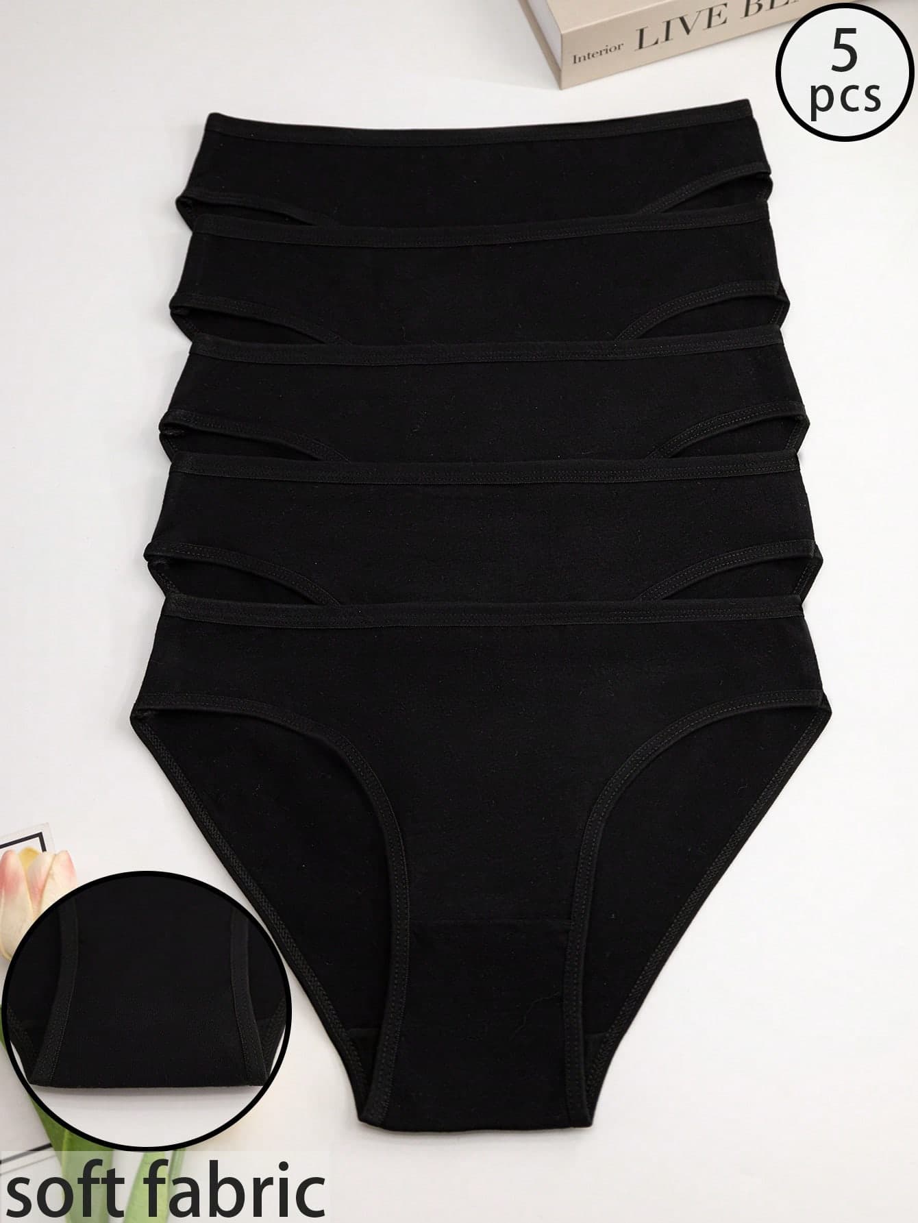 5pcs Women's Black Cotton Solid Color Seamless High Elasticity Skin-Friendly Comfortable No Trace Fresh Triangle Panties