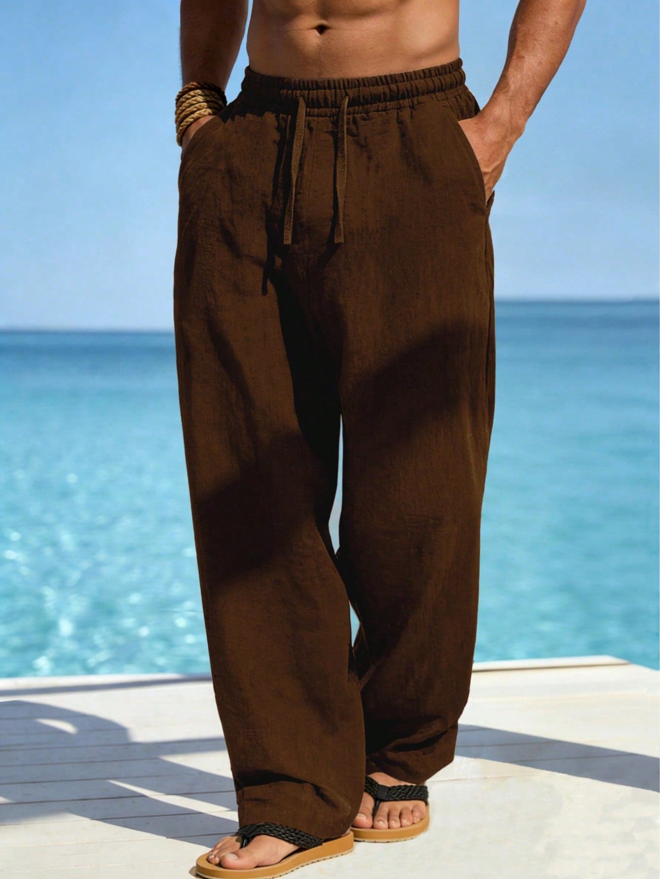 Men's Casual Solid Color Pocket Drawstring Loose Linen Pants, Comfortable For Spring, Summer, Autumn And Winter