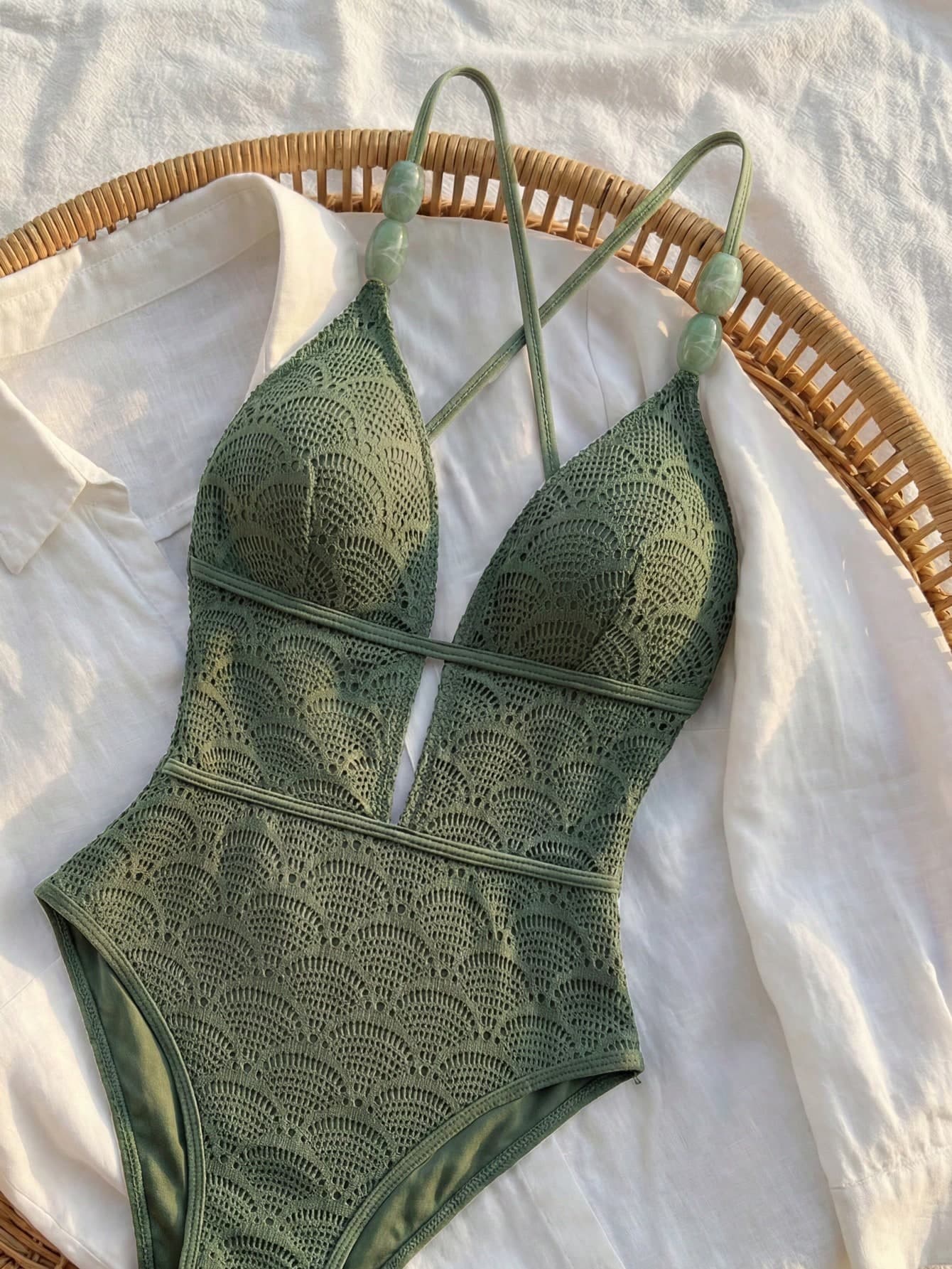 Bikinx Women's Boho Crochet Lace Up V Neck One Piece Swimsuit With Bead Detail Elegant Sleeveless For Summer Vacation Beach