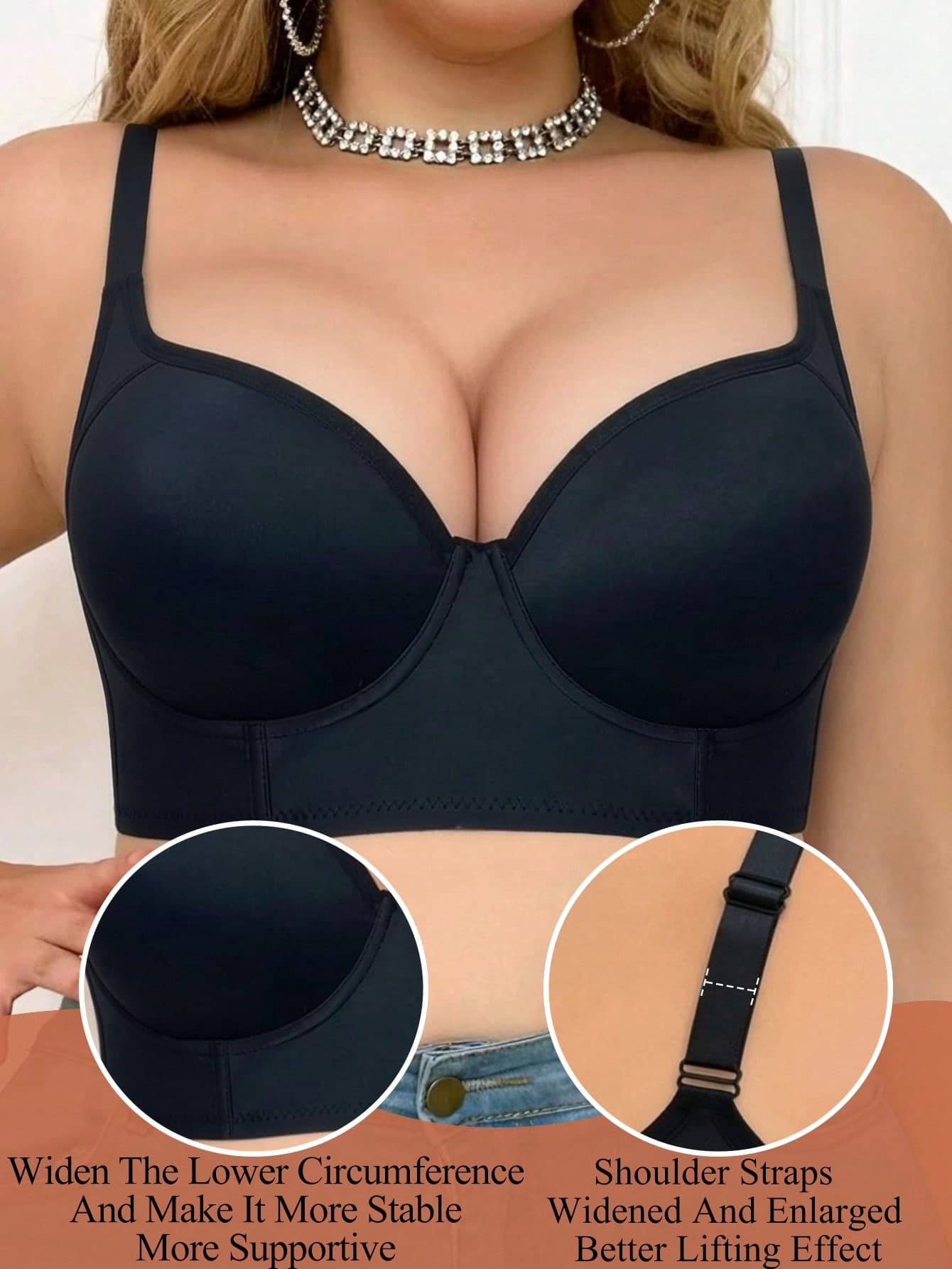 1pc Black Underwire Bra, Anti-Sagging, Supportive, Sexy Back, Plus Size For Women