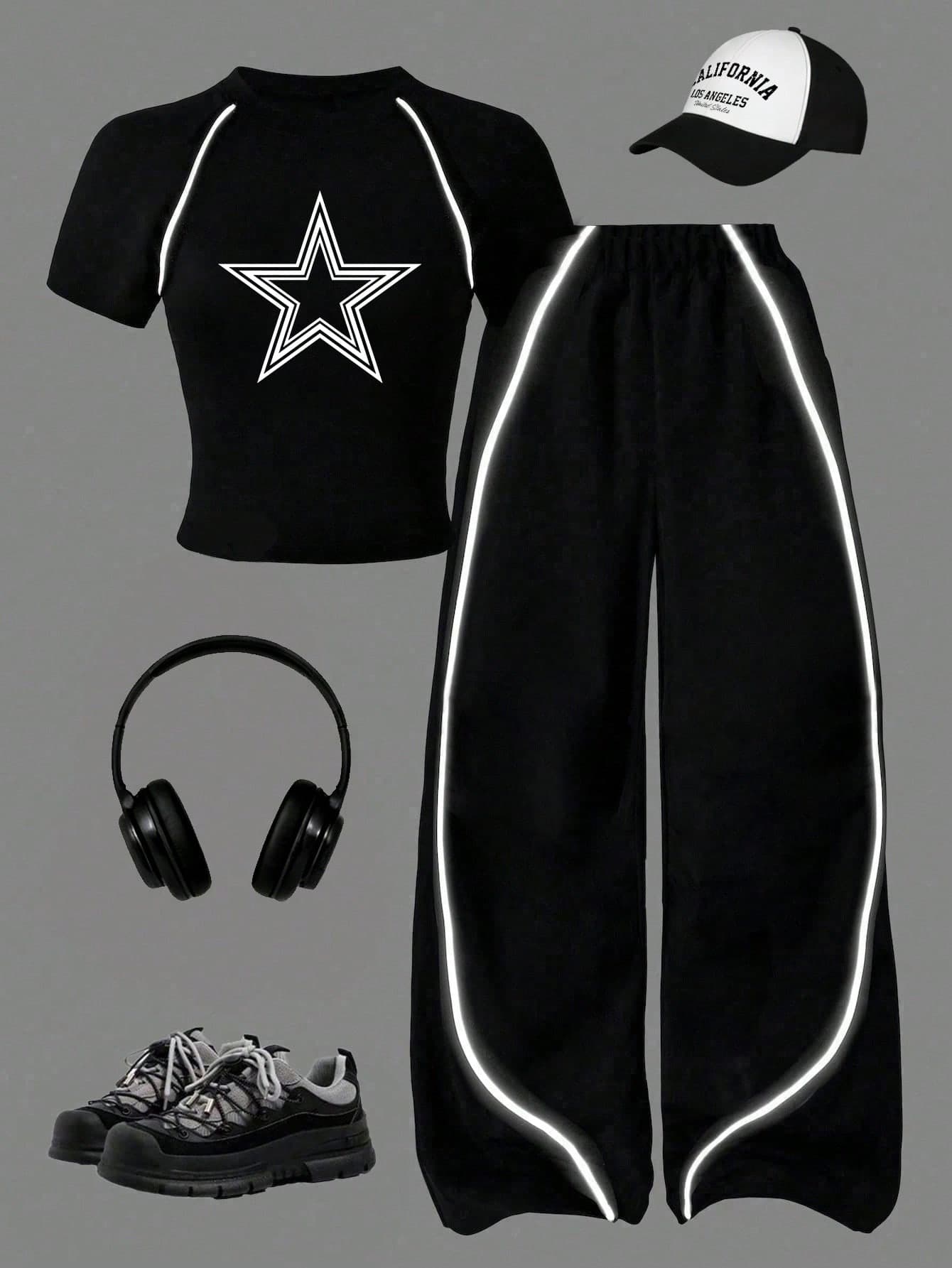 Tween Girl 5-Pointed Star Print Raglan Short Sleeve T-Shirt And Pants Casual Outfit
