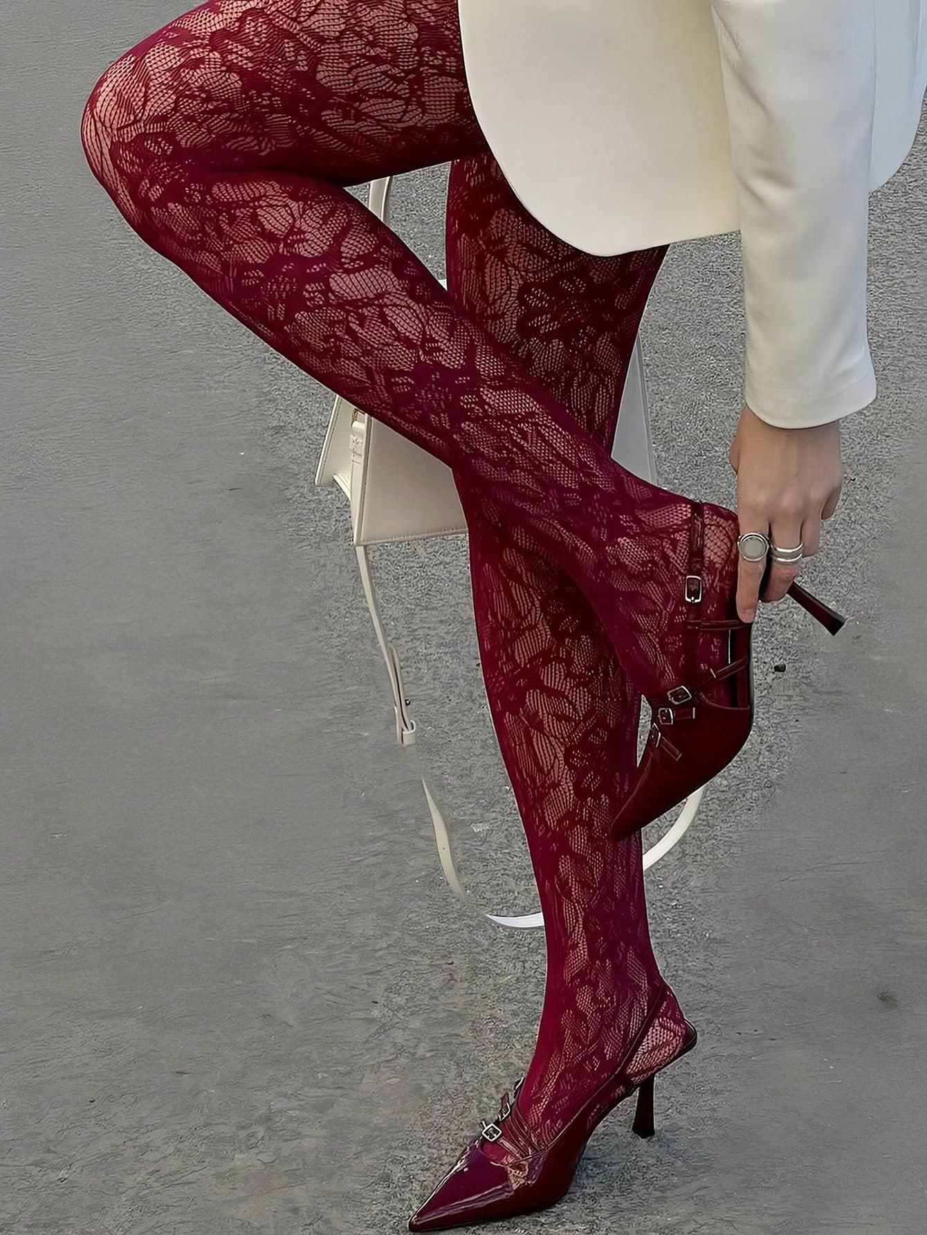 1pc Wine Red Jacquard Mesh Stockings, Elegant French Style High Elasticity Pantyhose For Women, Summer