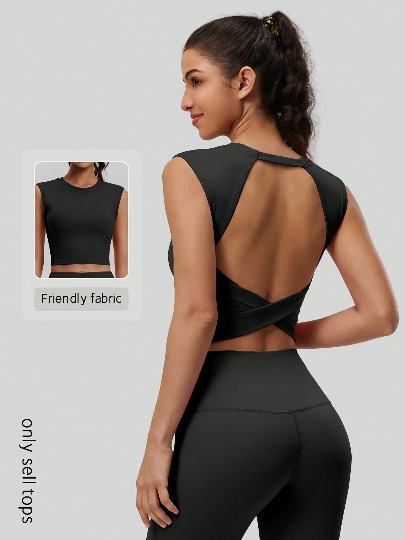 NcmRyu 1pc Women's Crew Neck Criss-Cross Back Elastic Sports Tank Top