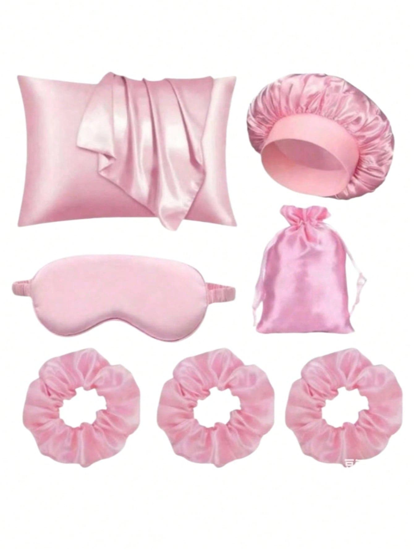 7pcs Women's Sleepwear Set Includes Satin Pillowcase, Shower Cap, Eye Mask, Decorative Storage Bag, Hair Scrunchies, Suitable For Sleeping, Traveling, Gift,Summer,Beach,Hat,Holiday,Festival