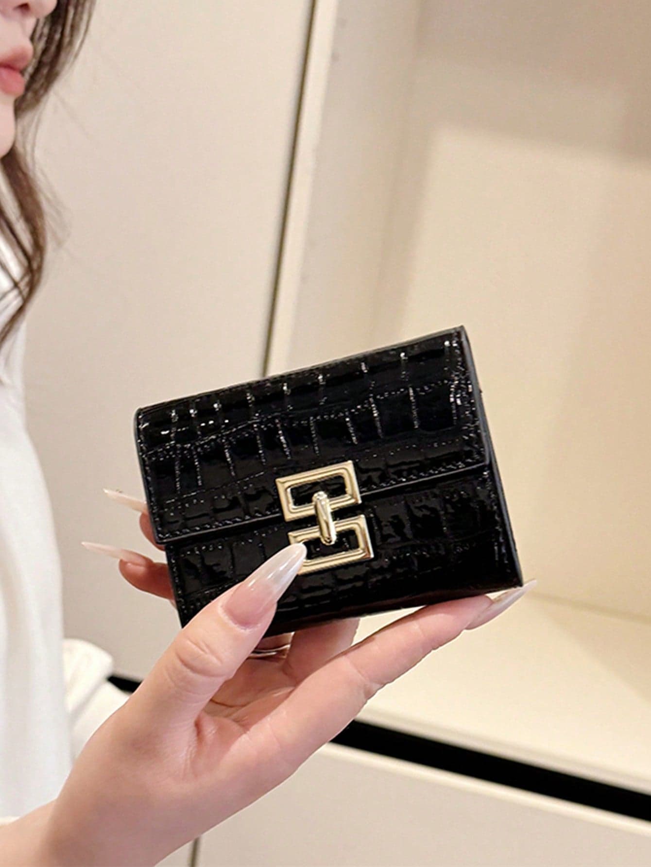 Women's Accordion Card Holder, Glossy Crocodile Embossed With Metal Decor, Multi-Card Slots & Cash Compartment For Women Money Wallet Mini Wallet Purse Wallet Small Wallet Card Wallet Travel Essential Summer Black Bag Festival Graduation Teacher Appreciation Gifts Birthday Gift Mother Gifts Mothers Day Gift