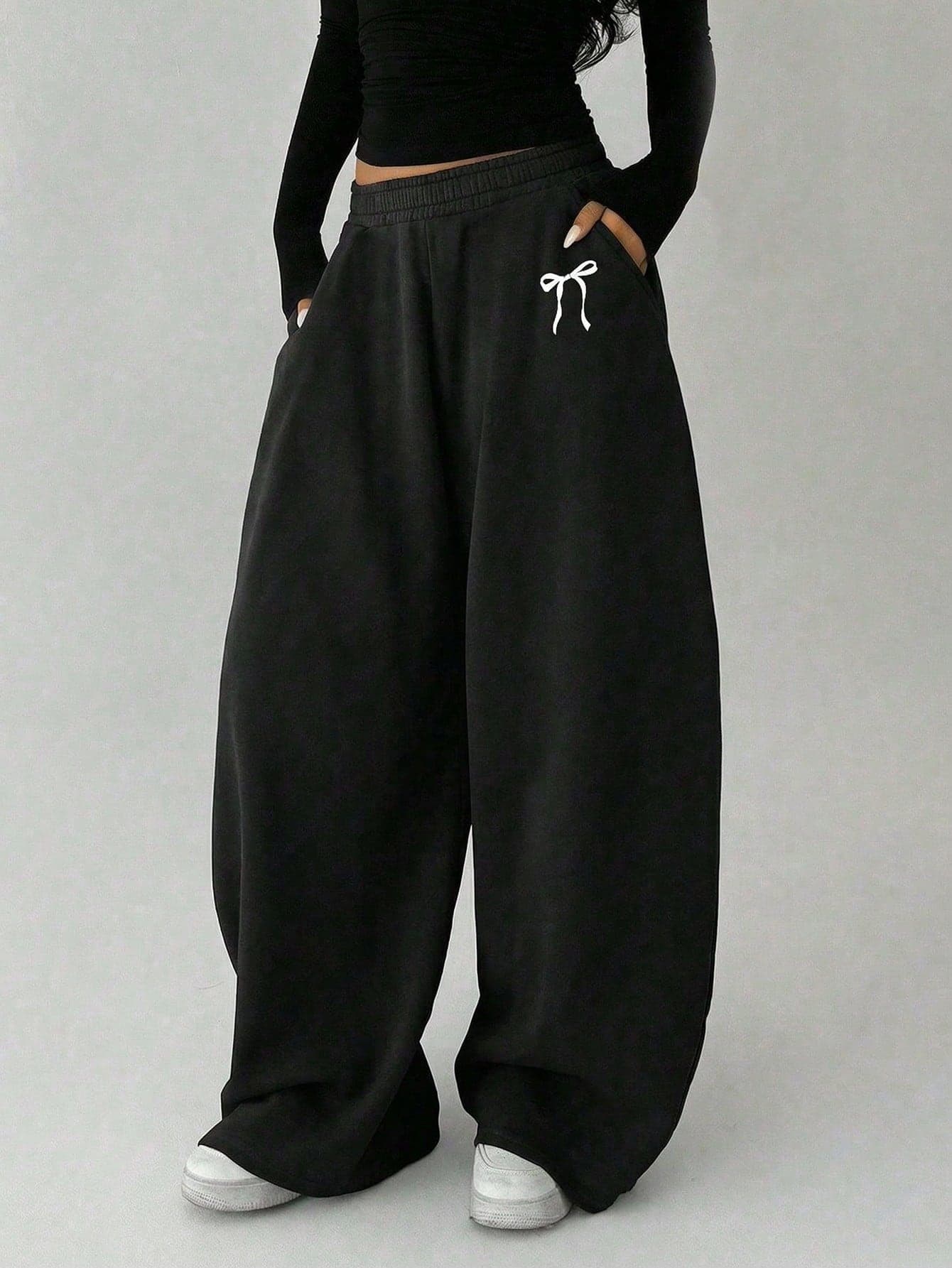 1pc Girls' Teen Loose Fit Bow Print Straight Leg Pants, Warm For Spring, Autumn, Winter