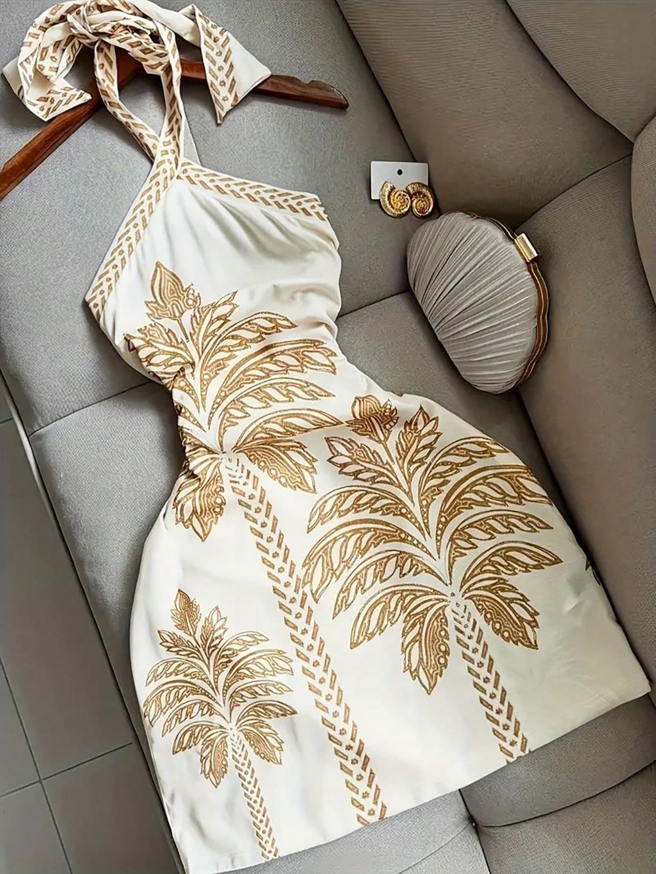 2026 Summer Beach Vacation Sexy Tropical Palm Tree Print Criss-Cross Tie Front Short Dress White Elegant