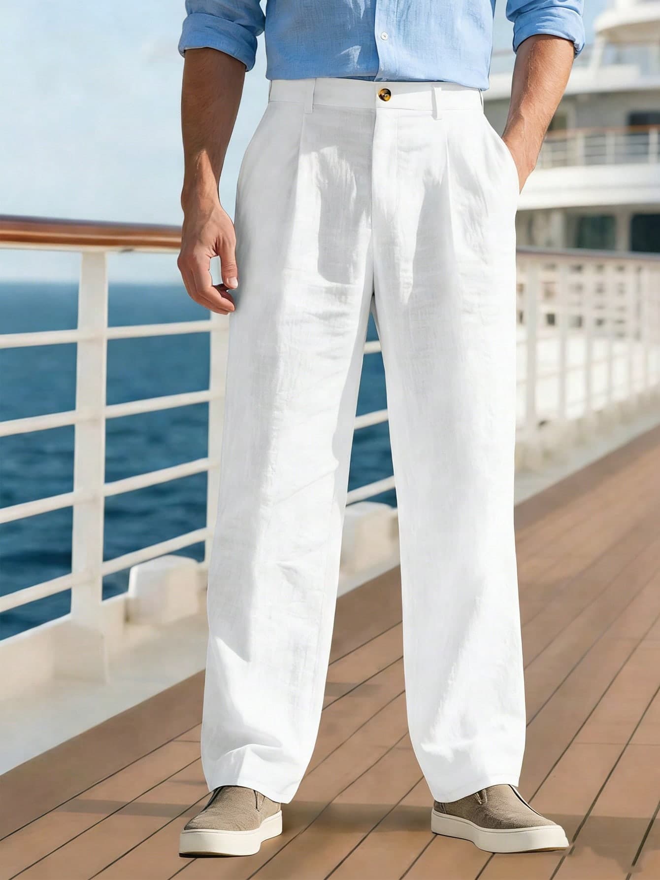 Men's Linen Casual Loose Fit Business Suit Pants, Straight Leg, Solid Color, Suitable For Spring And Autumn