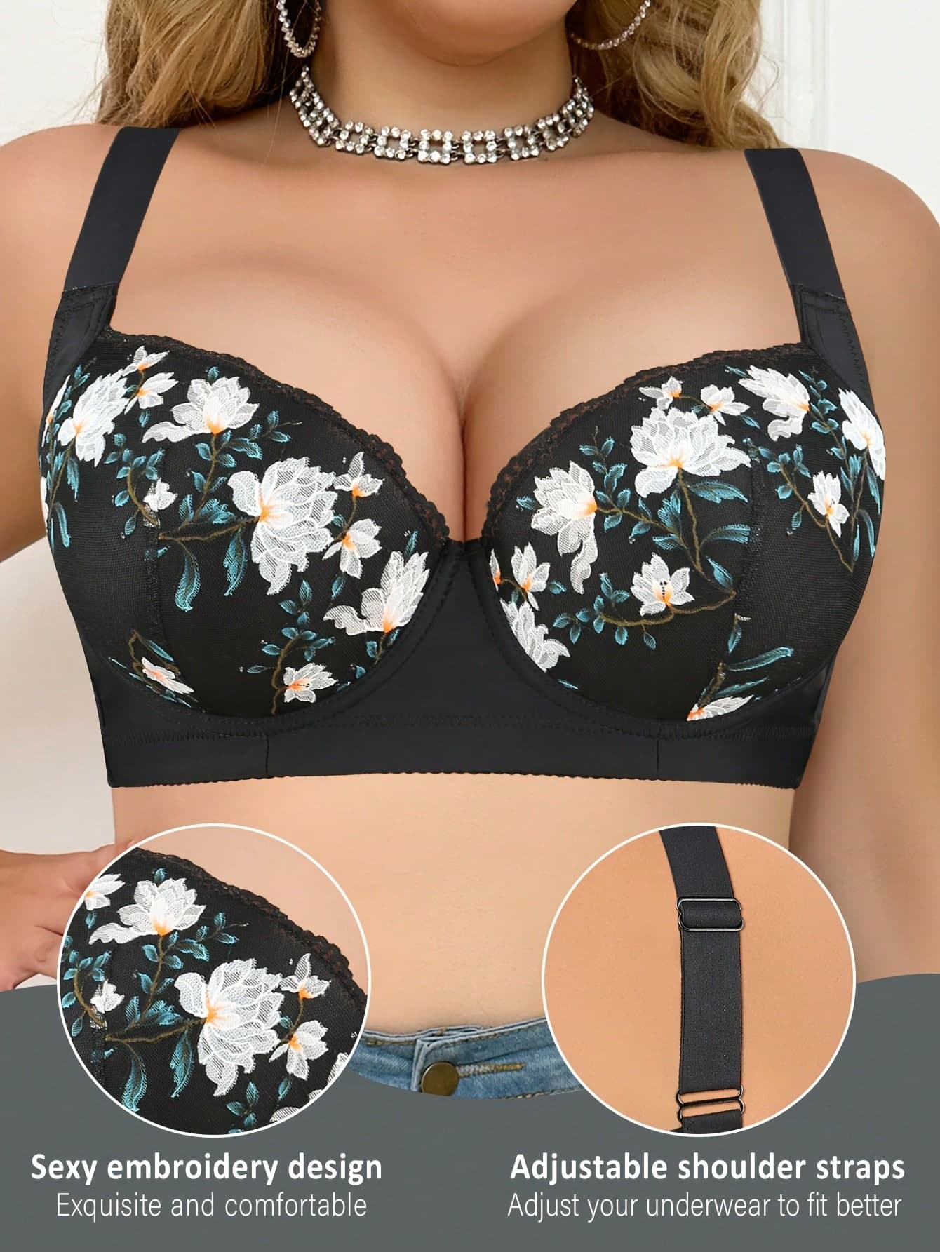 mimilemon Plus Size Women Floral Embroidery Wide Strap Underwire Push Up Bra - Enhancing, Supportive, Sexy & Comfortable, Suitable For Daily And Special Occasions