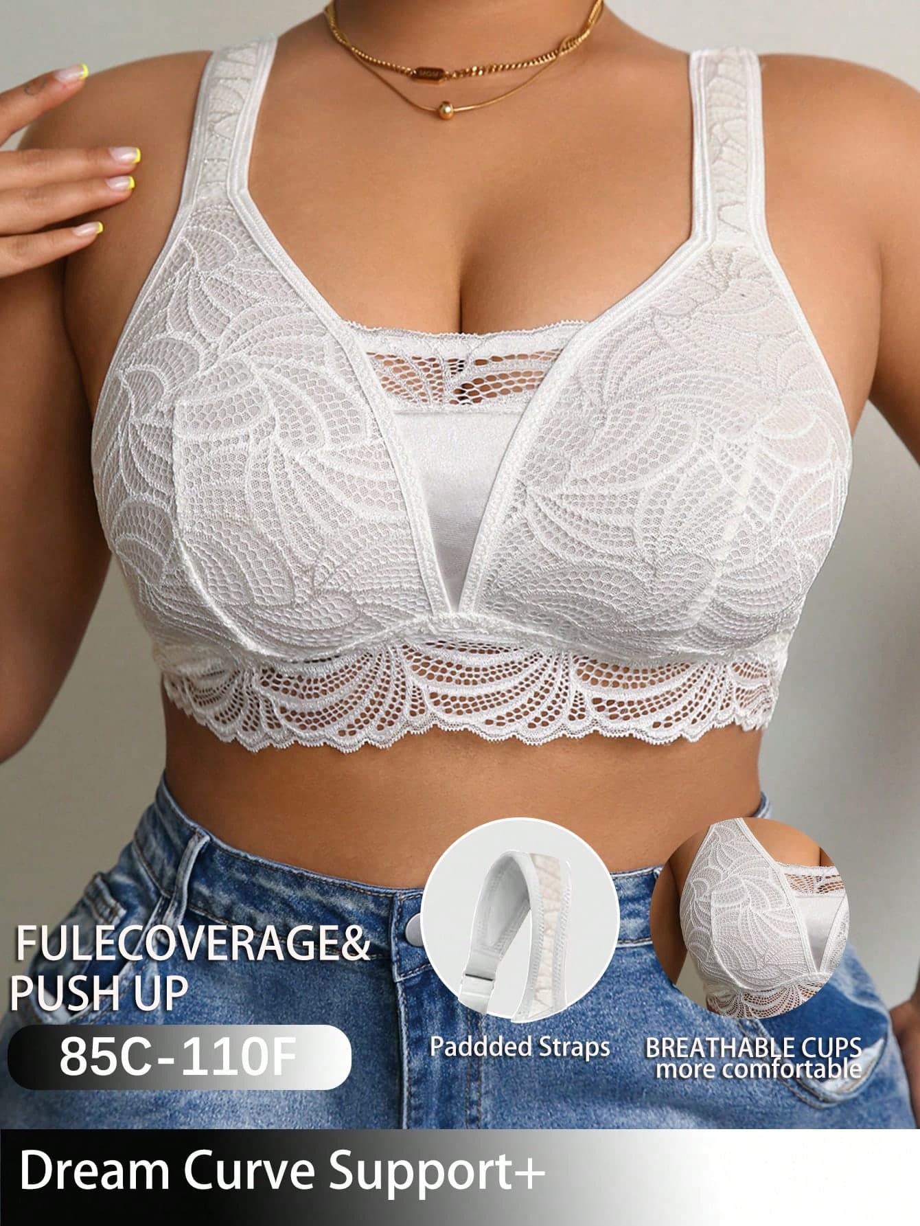 Plus Size Women Fashion Lace Patchwork Wireless Bra