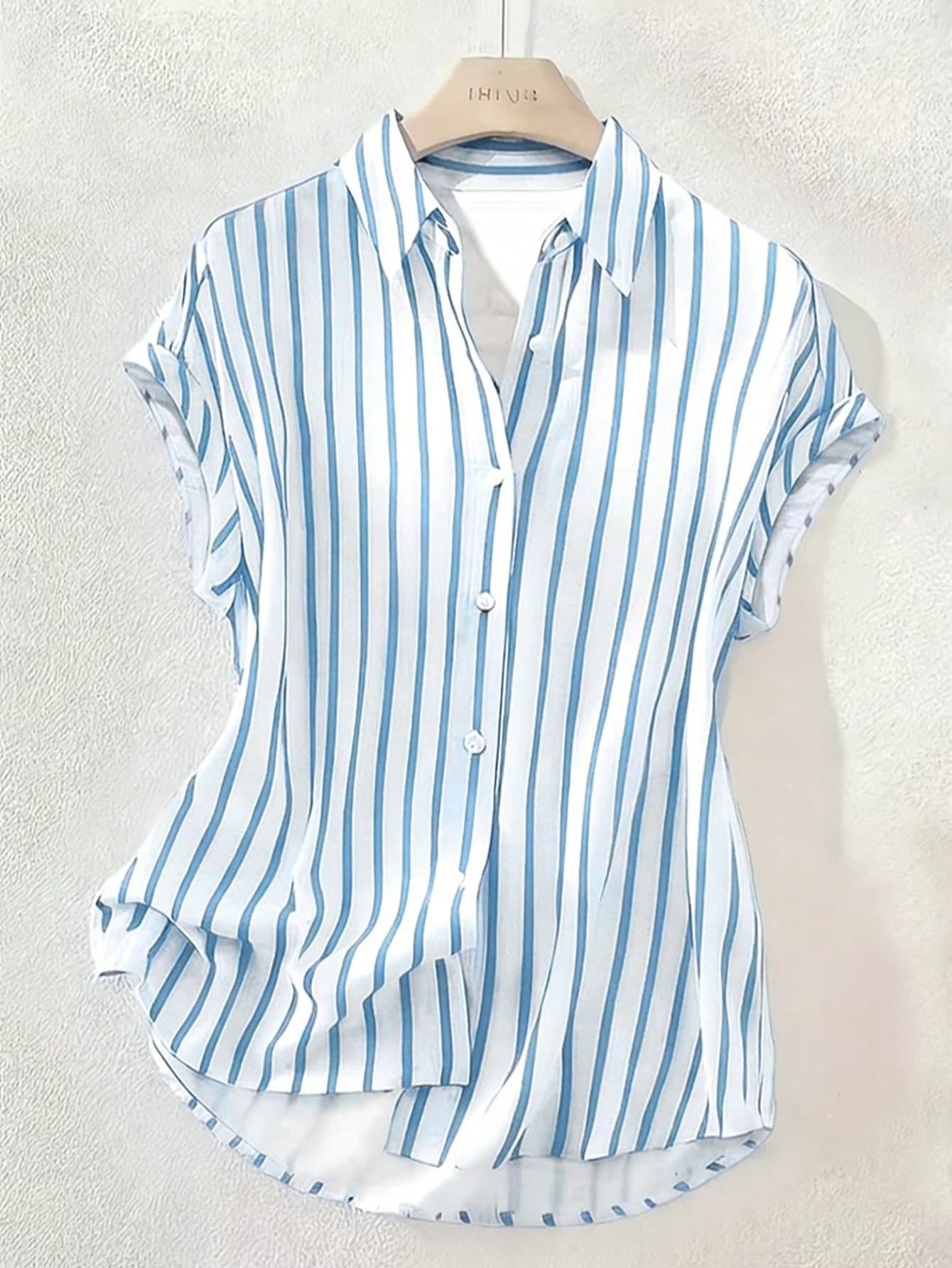 Summer Fashion Striped Single-Breasted Drop Shoulder Short Sleeve Shirt, Polyester Contrast Color Front Button Closure, Short Front Long Back Design