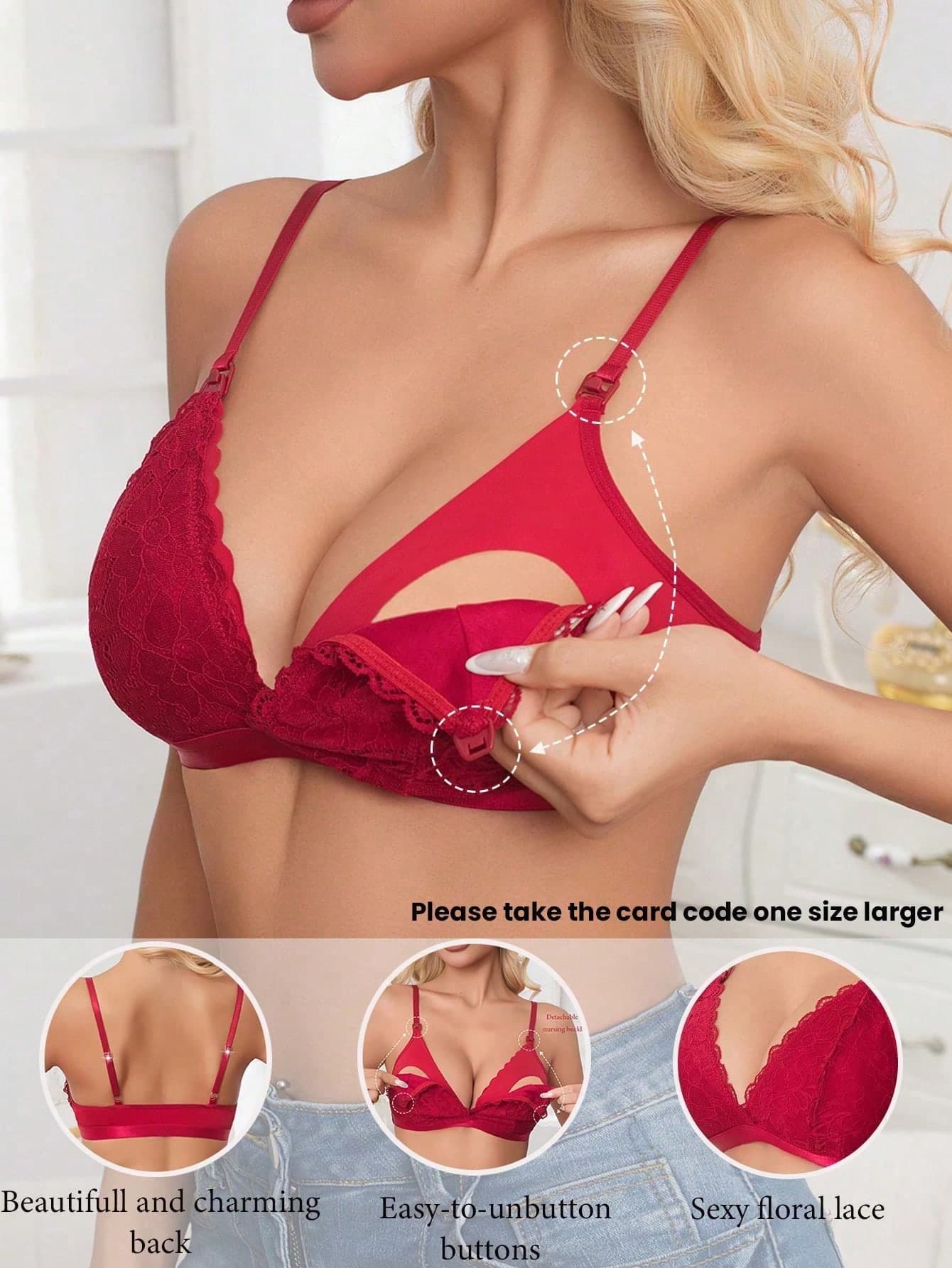 Maternity Front-Open Nursing Bra, Sexy Floral Lace, Adjustable Shoulder Straps, Comfortable Bra