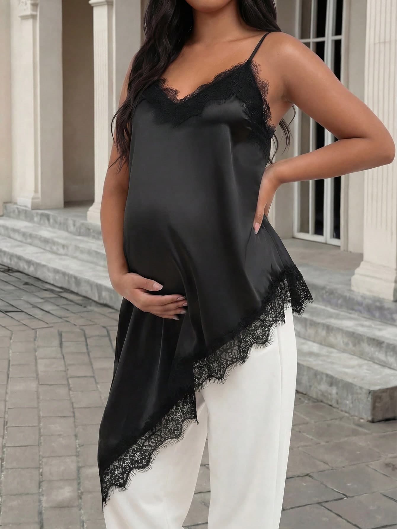 Lace V-Neck Satin Asymmetric Hem Elastic Camisole Top, Suitable For Pregnant Women And Nursing, Daily Wear Black Summer