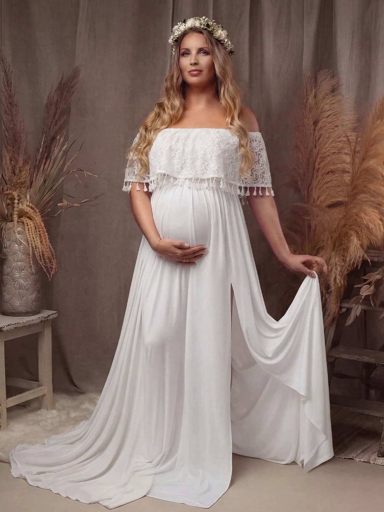 Maternity Formal Dress, White Off-Shoulder Lace Tassel Slit Maxi Dress, Elastic Fabric Comfortable Style, Suitable For Wedding, Party, Photoshoot