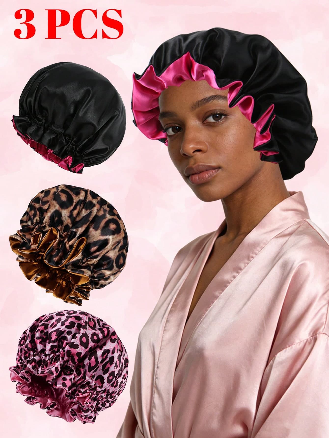 3pcs Lace Trim Satin Double-Layer Contrast Color Shower Cap, Hair Wrap Headband, Suitable For Long & Short Hair,Beach,Travel