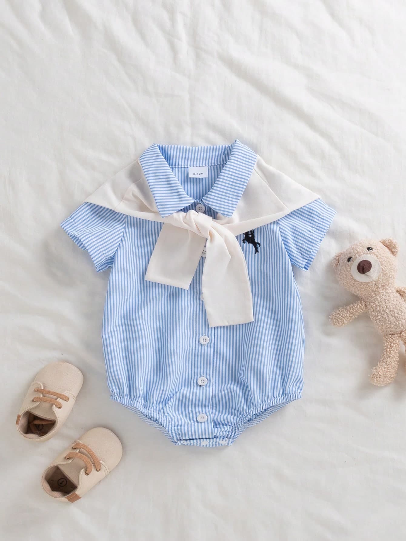 2pcs Baby Boy Summer Casual Striped Lapel Short Sleeve Romper With Apricot White Shawl, Suitable For Street, Photoshoot, And Daily Wear