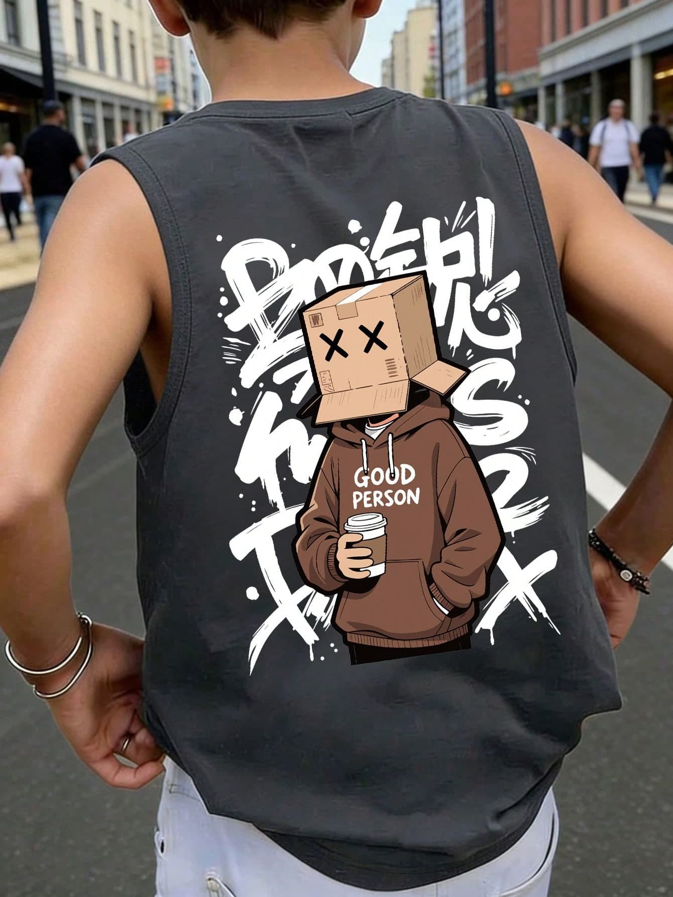 Tween Boy Casual Graffiti Text & Carton Print Round Neck Tank Top, Comfortable Summer
