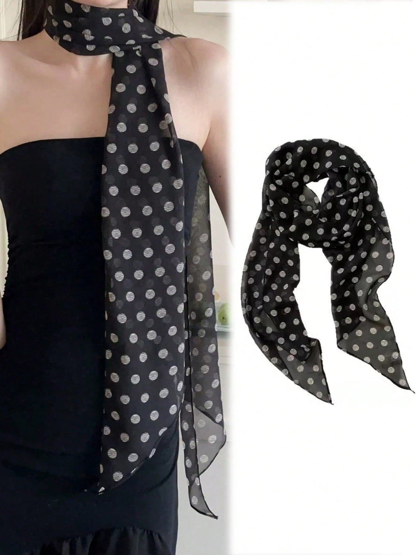 1pc Black Polka Dot Printed Silk Scarf, Multifunctional Silk Ribbon Necktie, 2026 New Fashion Headband For Women, Neck Decor, Suitable For Daily Outfit Matching