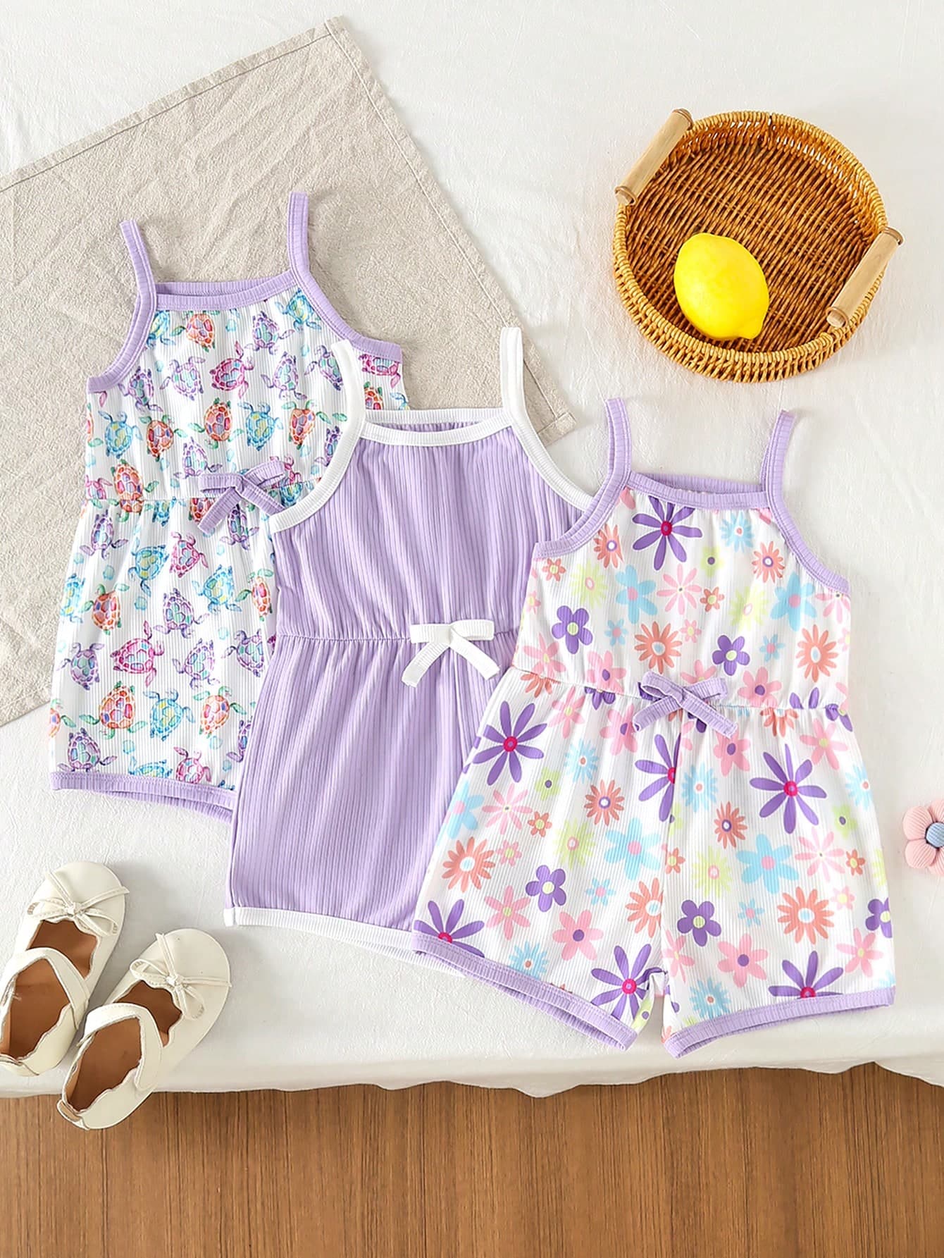 3pcs/Set Sweet & Fresh Style Girls Floral Print & Solid Color Jumpsuit, Drawstring Waist Contrast Trim, Suitable For 4-7 Years Old Summer Indoor & Outdoor Wear
