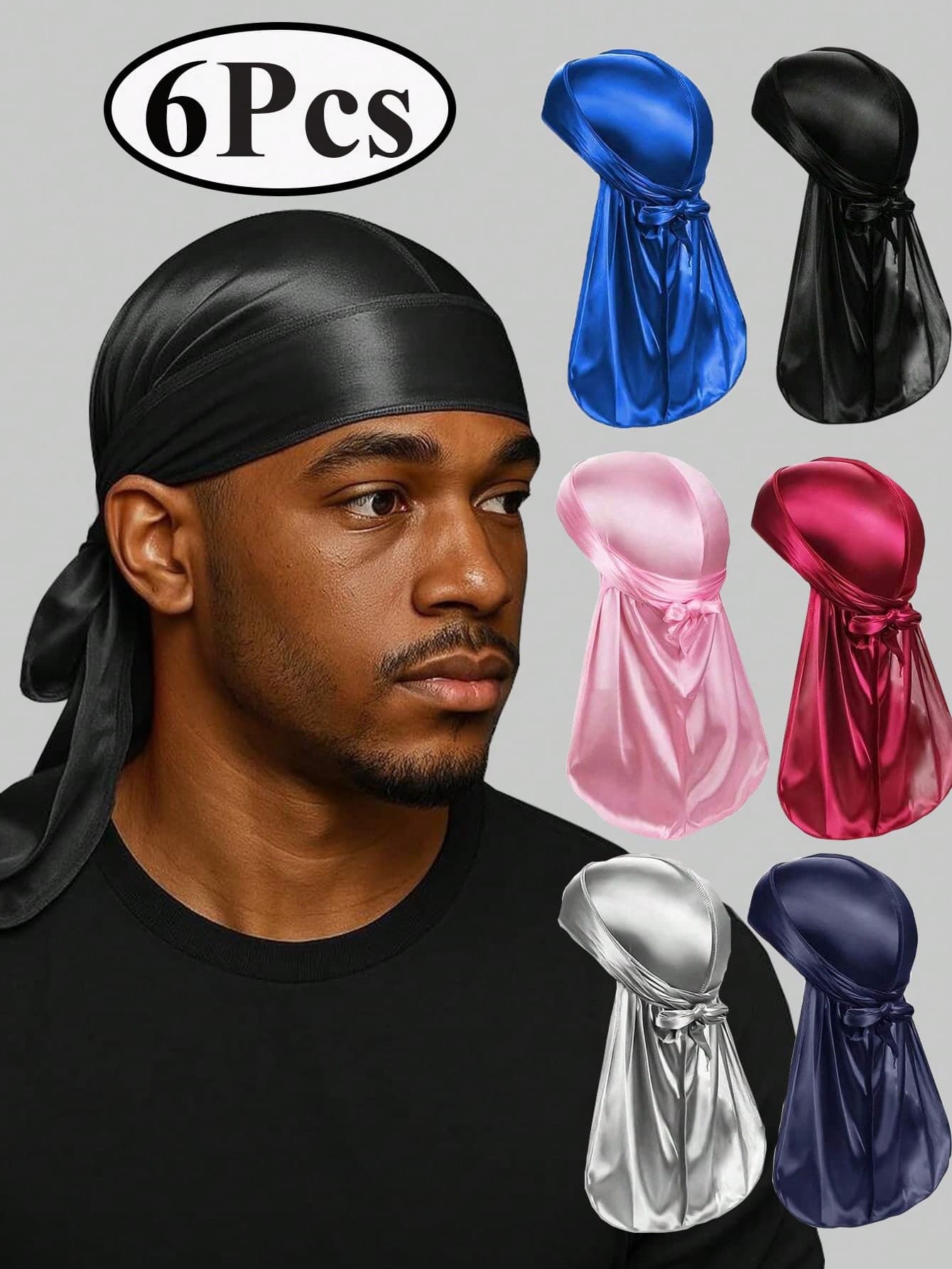 6pcs Men's Silk Headband With Elastic - Solid Color Fashion Headscarf, Comfortable Casual, Breathable Soft Pirate Style Headband, Suitable For Wavy Hairstyle, Running, Cycling, Hiking, Camping, Christmas Pirate Hat,Summer,Beach,Holiday,Festival,Travel