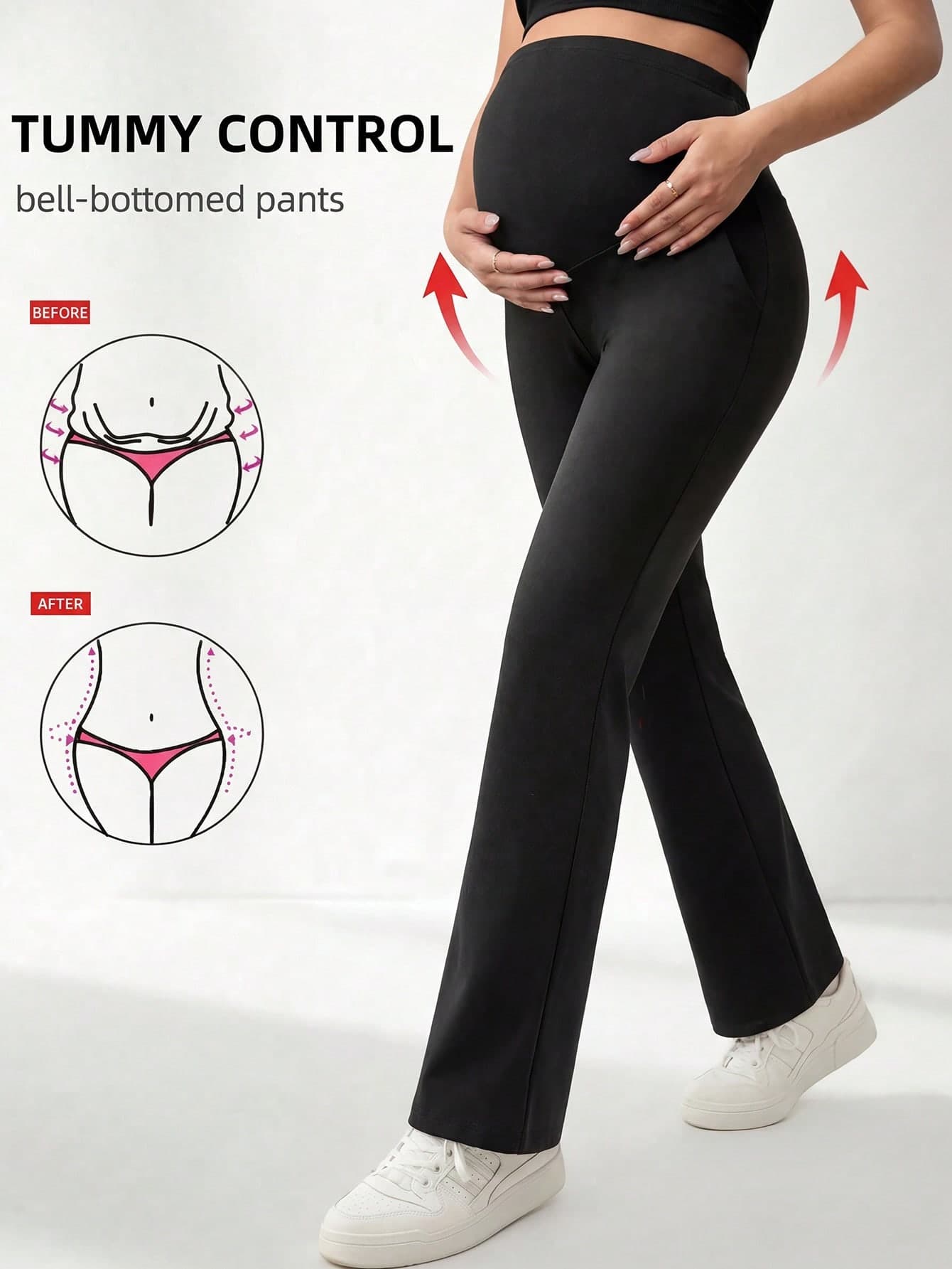 Maternity Knit Fabric High Elasticity Long Flare Pants, With Pockets, Tummy Control And Hip Lifting, Comfortable And Fashionable For Pregnancy