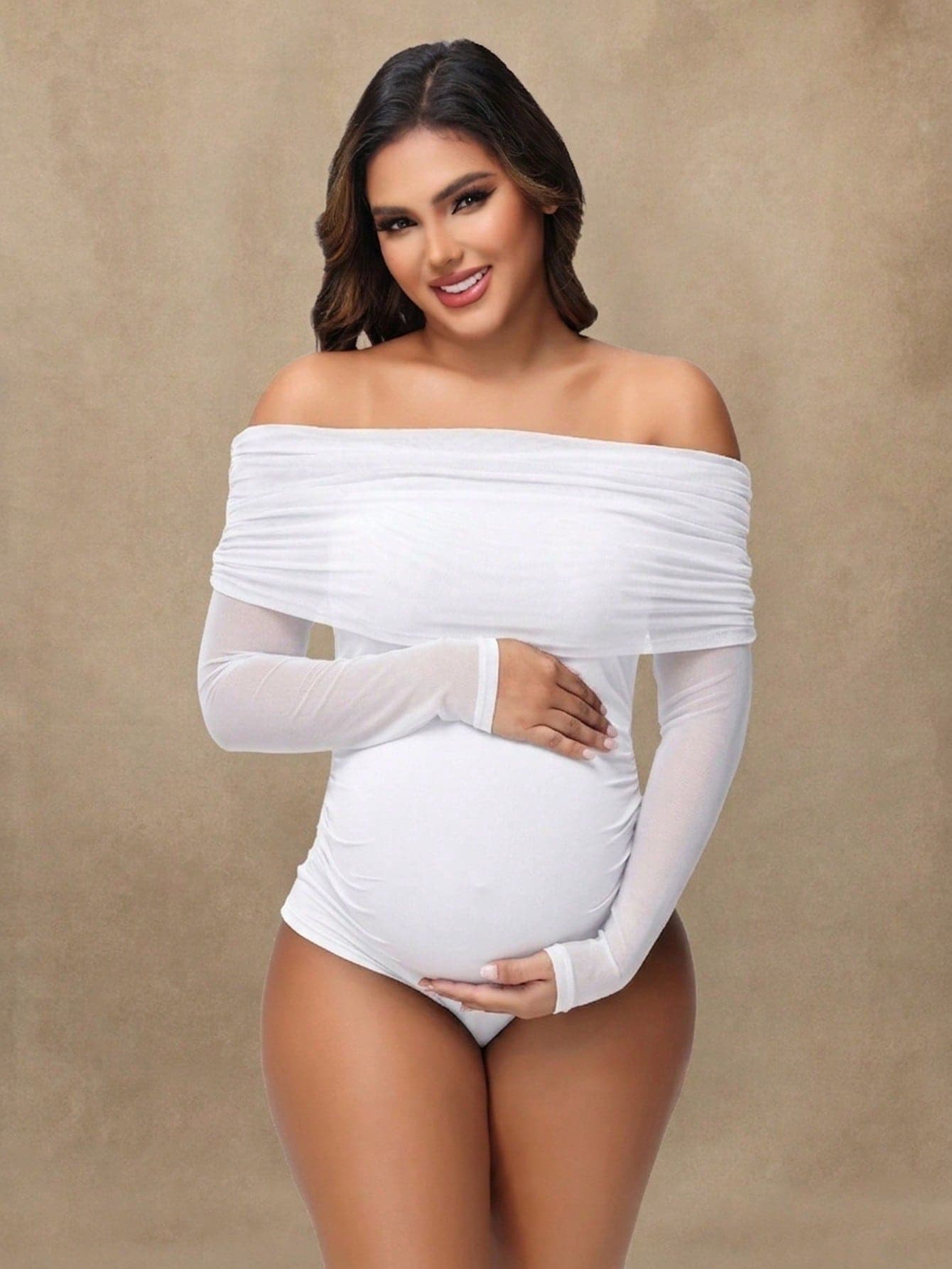 Maternity Sexy Sheer Mesh Off-Shoulder Long Sleeve Jumpsuit, Pregnancy Photography Outfit White
