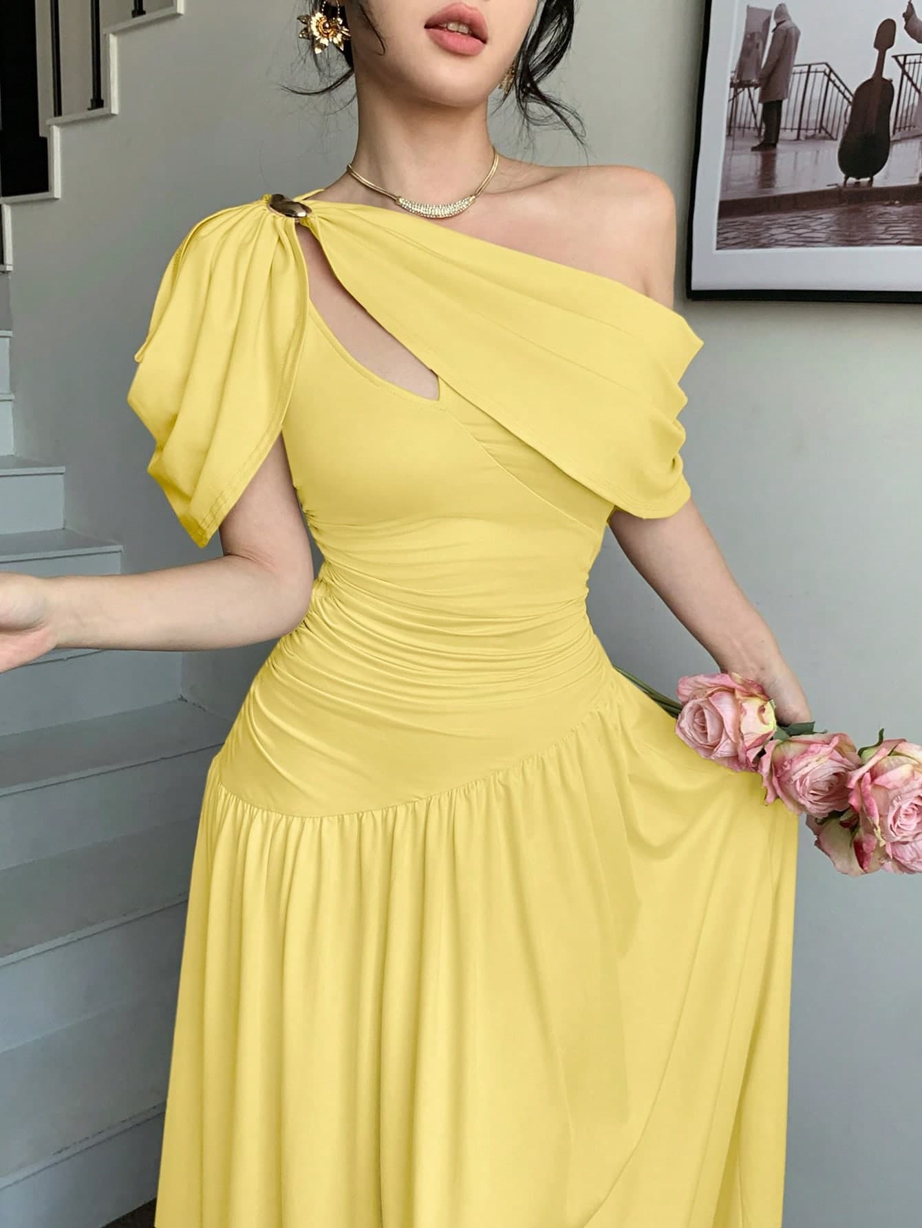 abyoxi Women's Yellow Ruched Waist Fitted Flare Dress, Elegant & Fashionable, Suitable For Party, Date, Holiday, Wedding, Formal Occasion, Banquet, Teacher's Day, Mother's Day, Graduation Ceremony, Stretchy Bodycon Long Dress For Spring & Summer