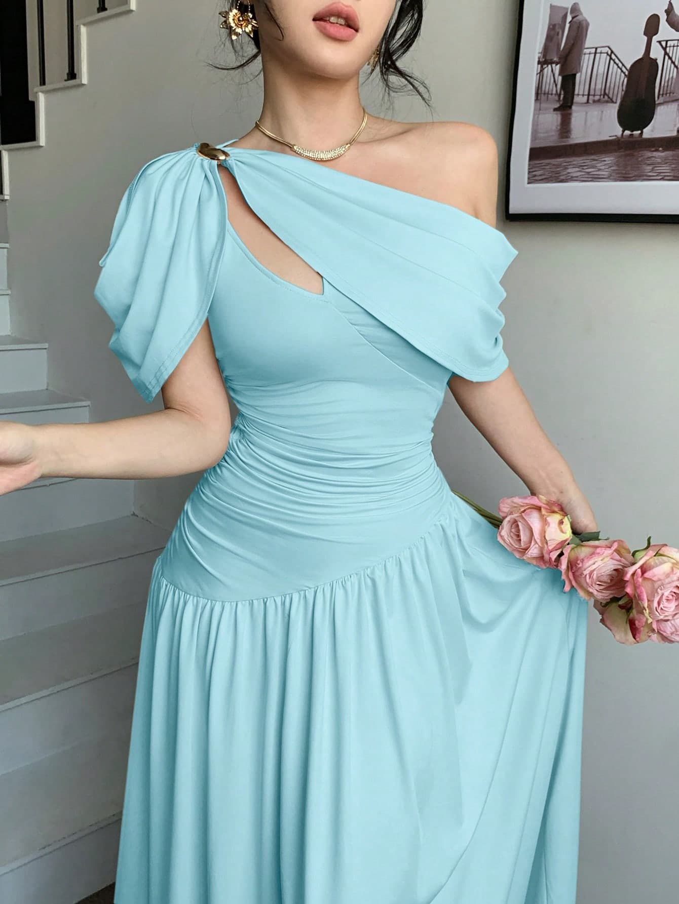 abyoxi Women's Light Blue Ruched Waist Fitted Flare Dress, Elegant & Fashionable, Suitable For Party, Date, Holiday, Wedding, Formal Occasion, Banquet, Teacher's Day, Mother's Day, Graduation Ceremony, Stretchy Long Dress For Spring & Summer