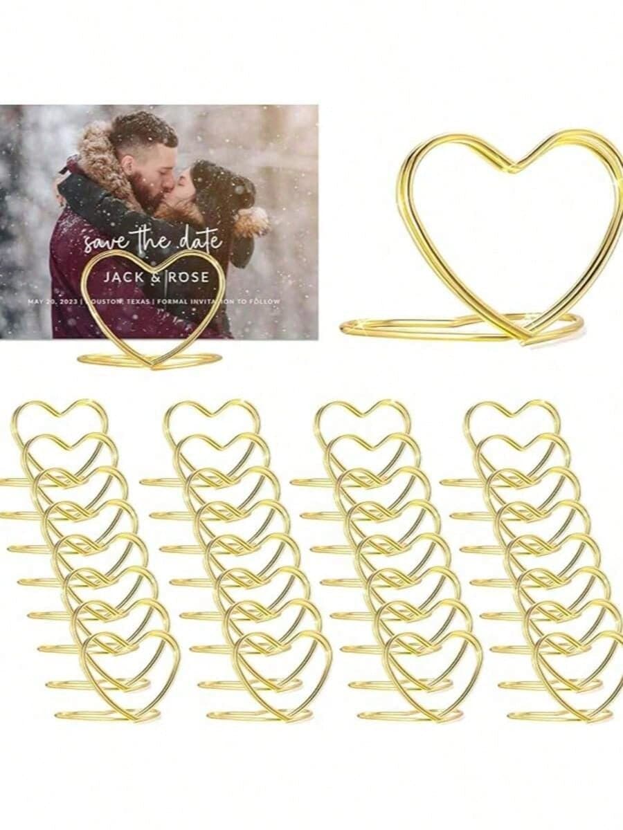 20pcs Gold Heart-Shaped Photo Card Holders, Suitable For Weddings, Parties And Business Events