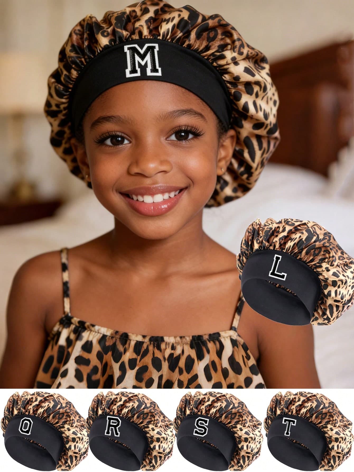 1PC Kids Satin Sleep Cap With A-Z Letter Soft Hair Bonnet For Girls, Night Cap For Curly Hair Care, Cute Pink Hair Wrap For Toddlers & Children