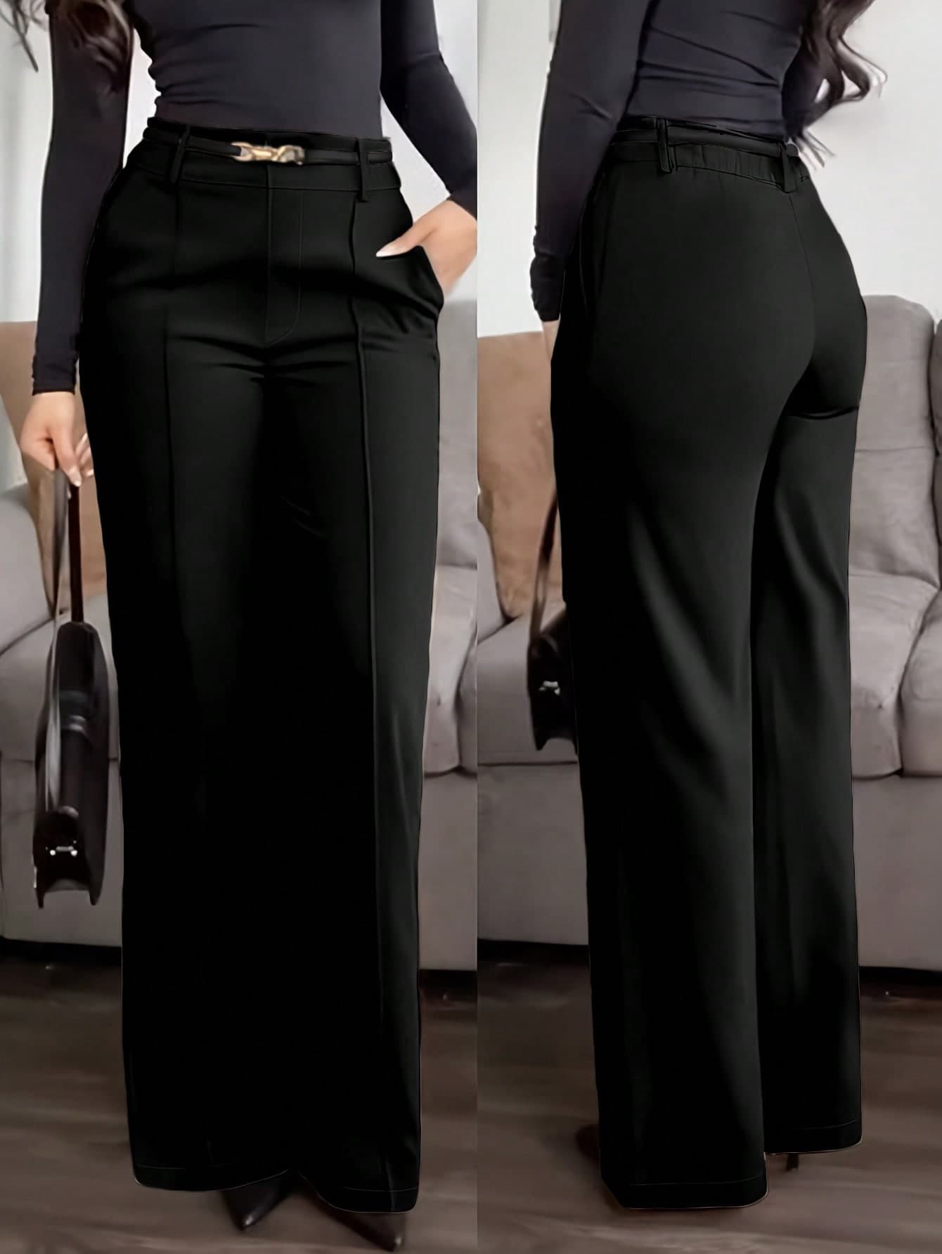 (No Belt) Plus Size Solid Color Pocket Office Daily Commute Elegant Dress Pants Black Spring