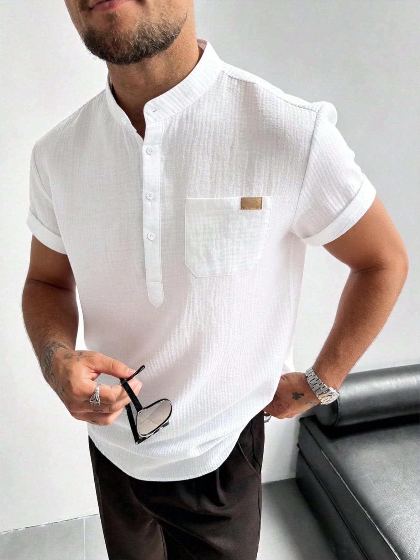 GloMan Men's Short Sleeve Henley Collar Shirt,Pocket,Leather Label.For Daily Wear,Summer Beach Vacation,Men White Black Shirt.Gift For Husband/Father.
