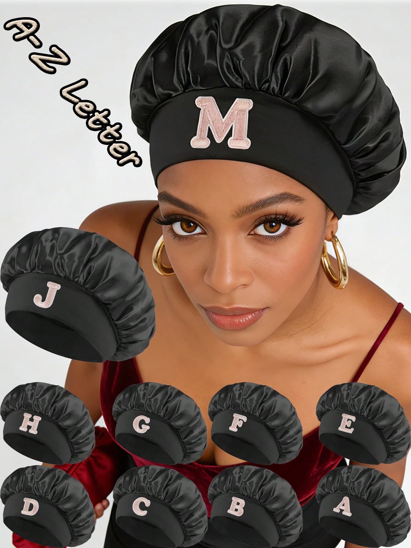 1pc Personalized Letter Black Soft Texture Sleep Hair Cap, High-End A-Z Customizable