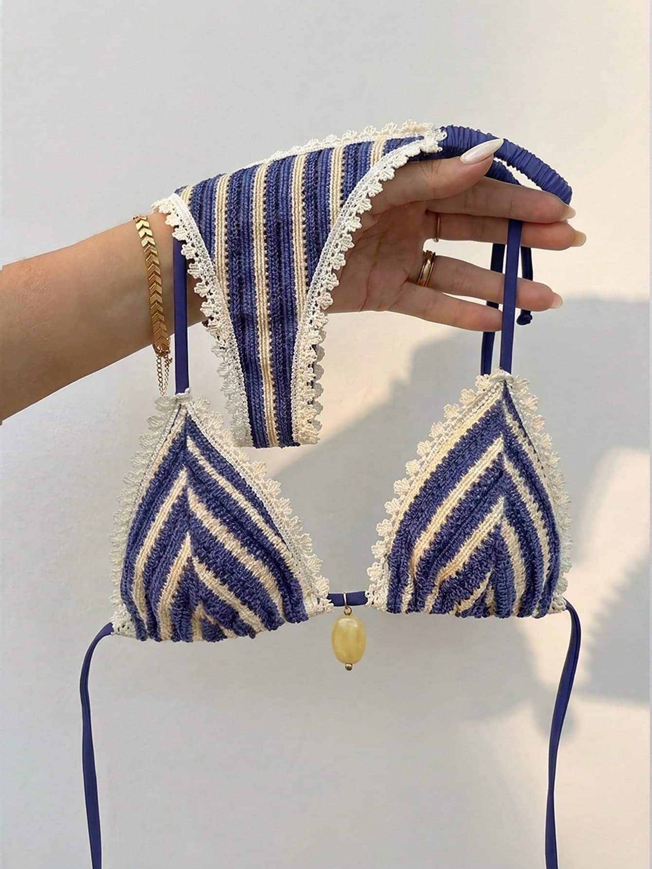 Bikinx 2025 Back To School Women's Bohemian Lace Striped Textured Fabric Swimwear, Vacation Triangle Cup Bikini With Ruffle Bottoms Beach Summer