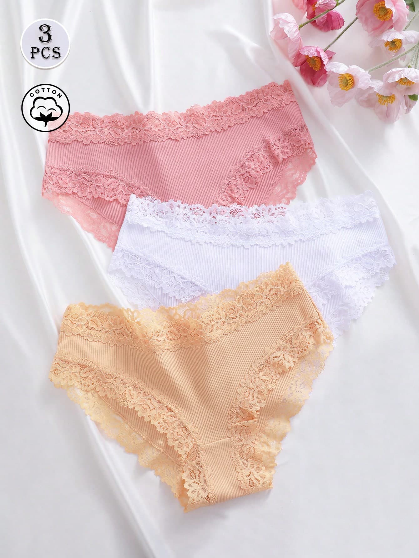 3pcs Solid Color Cotton Ribbed Lace Patchwork Sexy Comfortable Women's Triangle Panties