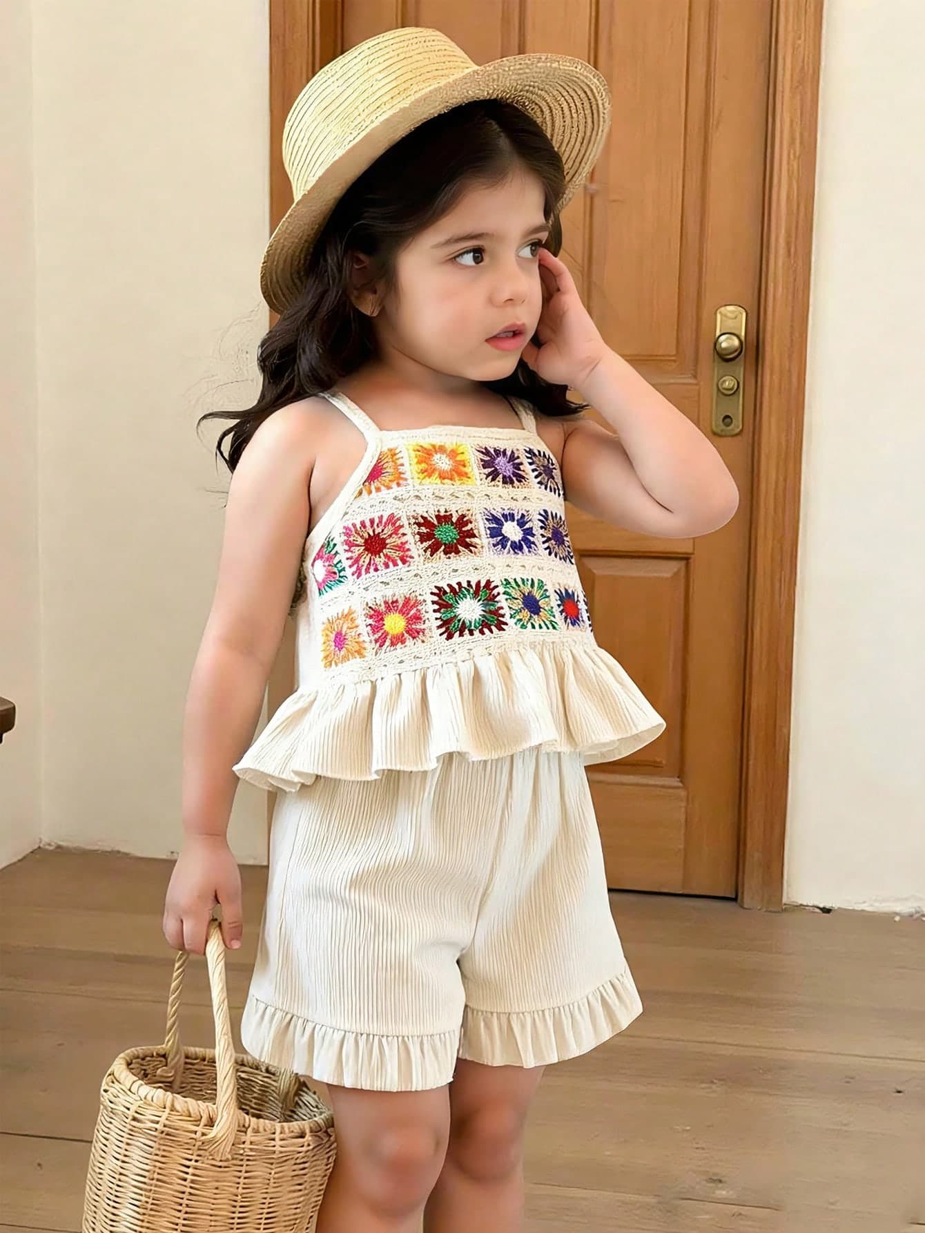 Young Girls' Summer Bohemian Style Set, Colorful Crochet Spaghetti Strap Top + Ruffle Shorts 2-Piece, Soft & Breathable, Children Fashionable Casual Holiday Outfit