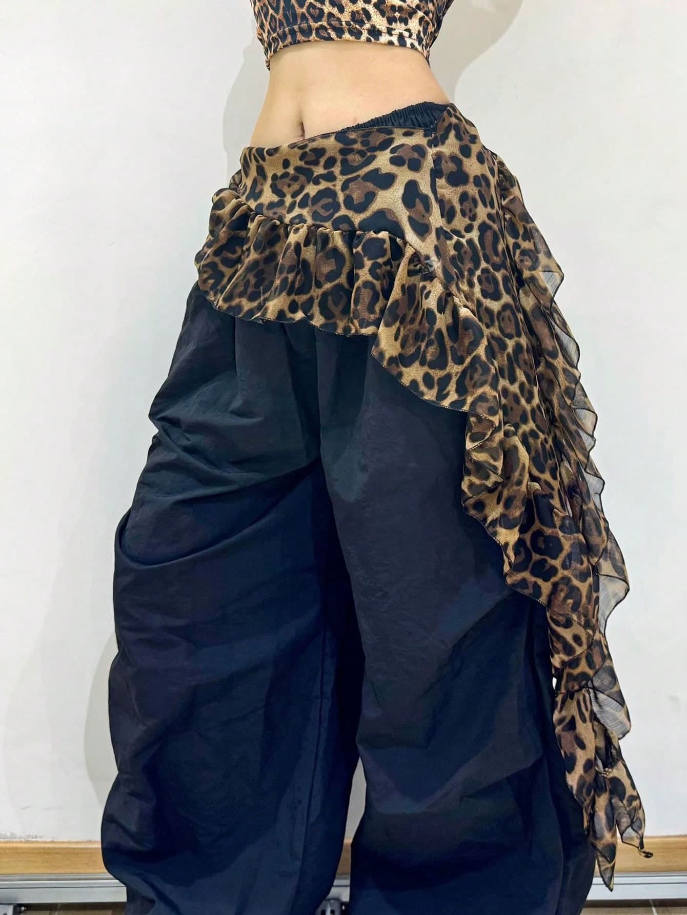 1pc Women's Leopard Print Ruffle Waist Scarf, Asymmetric Sheer Fringe Hip Cover Overlay Belt For Jazz Dance Streetwear Layering Club Outfit
