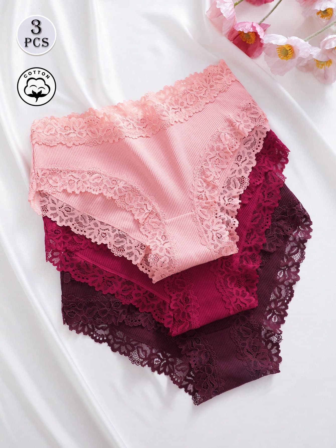 3pcs/Set Solid Color Ribbed Lace Patchwork Sexy & Comfortable Women's Panties, Suitable For Valentine's Day, Christmas, Autumn/Winter, Spring/Summer Daily Wear, Gift For Her