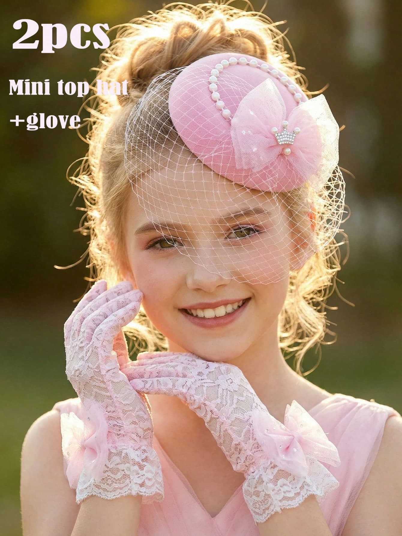 2pcs/Set Teenage Girls' Tulle Rhinestone Bow Fascinator Hat + Bow Gloves, Pink Tulle Mini Hat, Wedding Photography Props, Wedding Decor, Party Photobooth Props, Event Flower Wreath, Wedding Accessories, Wrist Corsage, Parent-Child Set