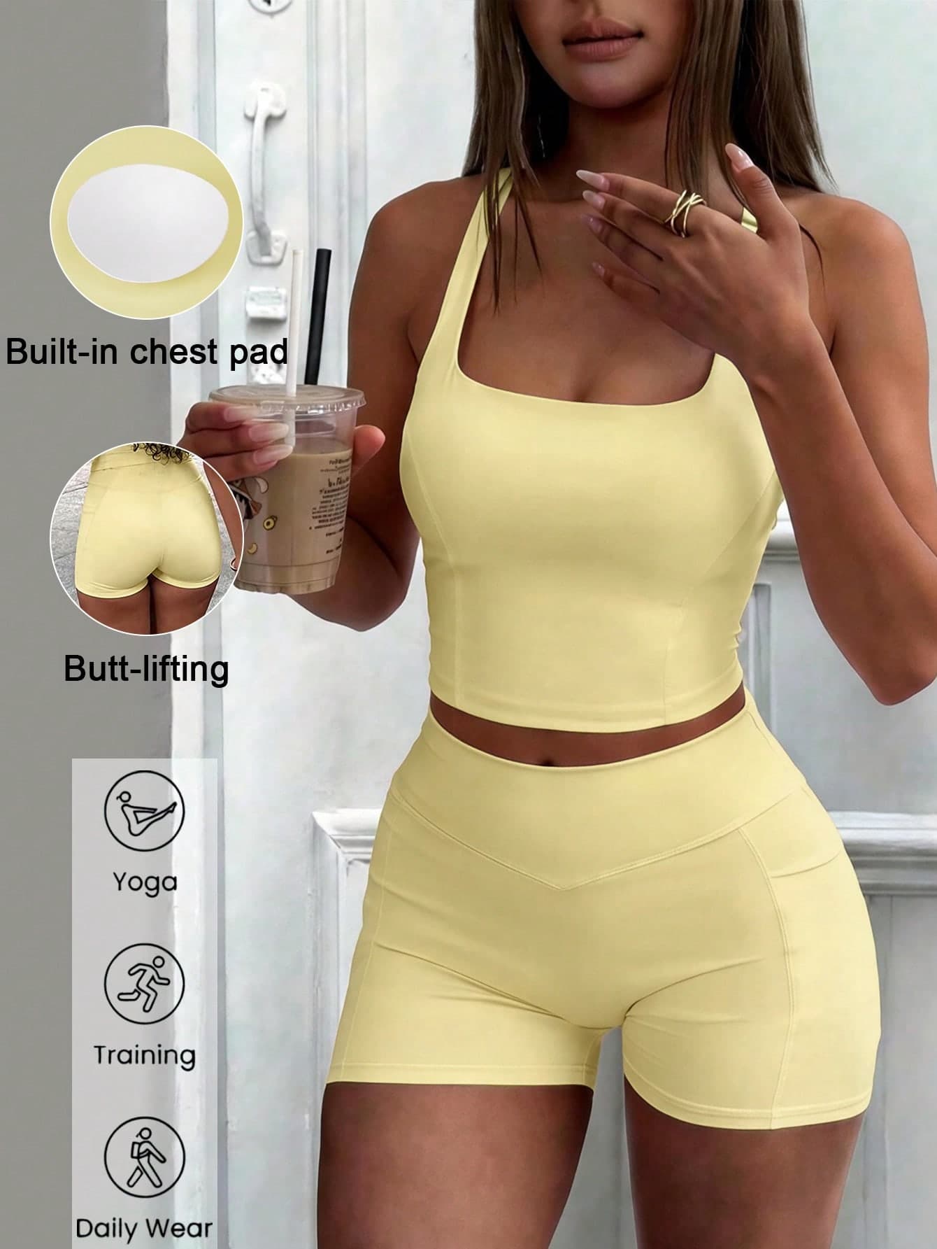 GAOVOT Women's 2pcs Sports Set Summer Sexy Tank Top With Padded Chest & High Waist Pocket Shorts, Suitable For Yoga, Cycling, Fitness Yellow