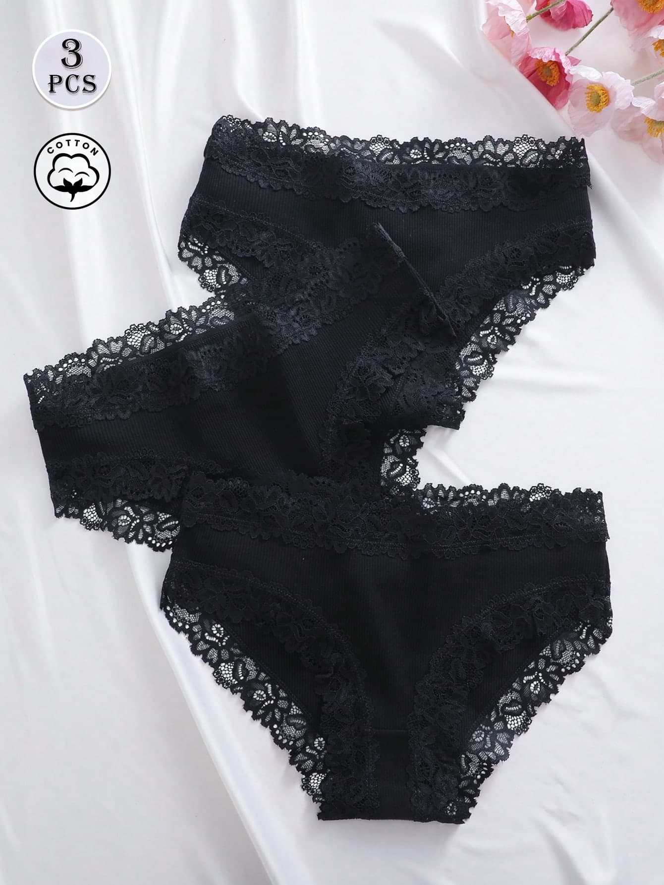 3pcs/Set Solid Color Cotton Ribbed Lace Patchwork Sexy Comfortable Women's Triangle Panties