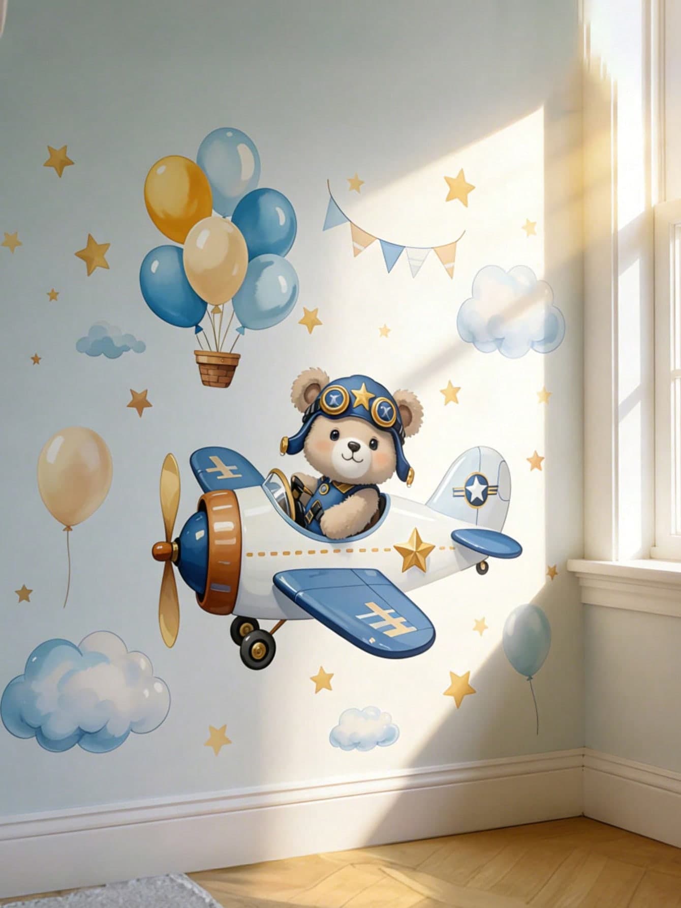 Cartoon Bear Flying Plane With Stars And Clouds Wall Decal Sticker For Kids Bedroom And Living Room Home Decor
