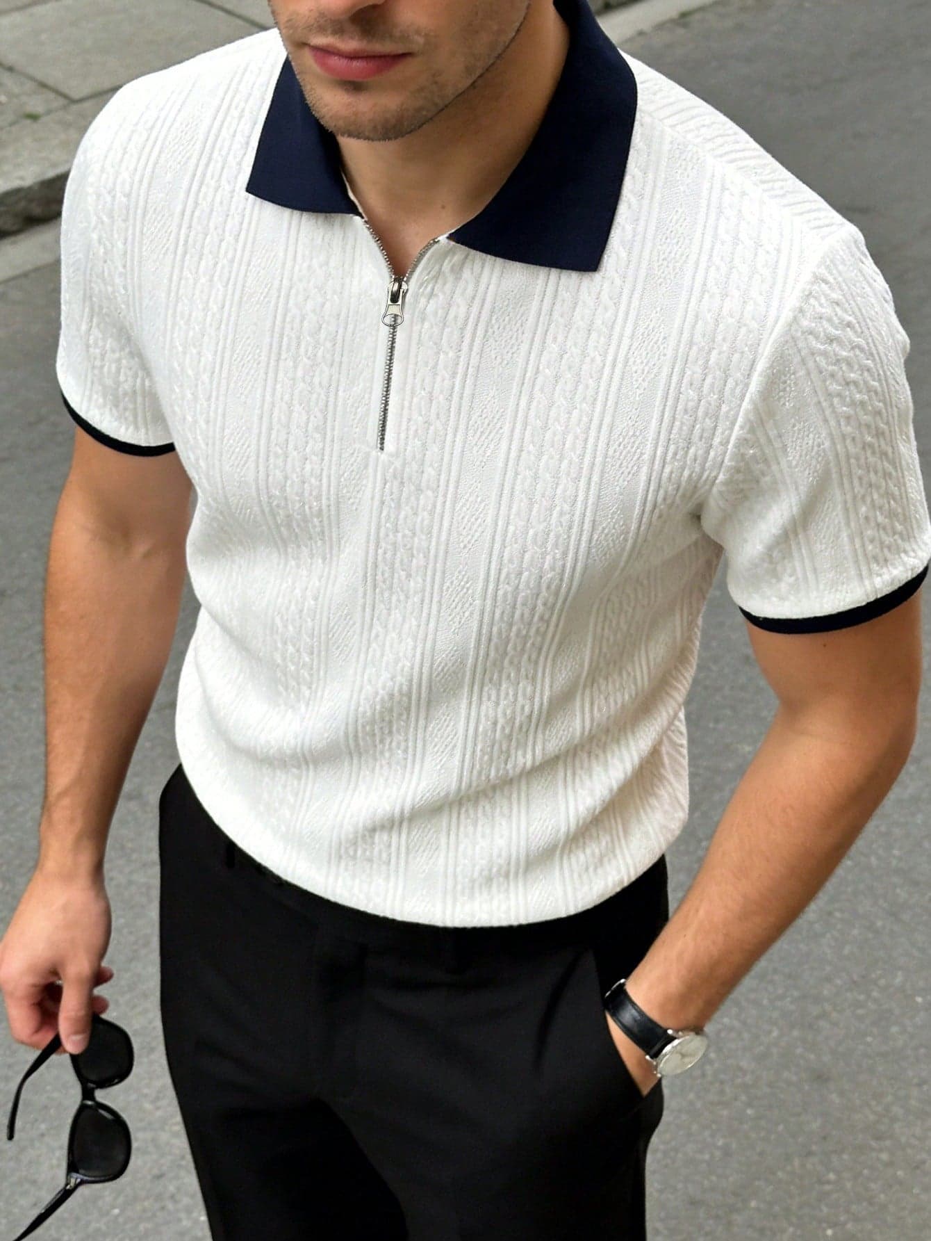 Men's Summer Jacquard Textured Contrast Color Half-Zip Polo Shirt, Casual Minimalist Urban Mature British Gentleman Style