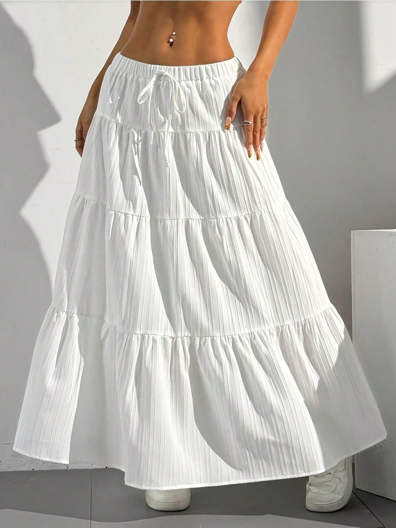 Women's Casual Drawstring Waist Multi-Layer Cake Hem Skirt, Loose & Comfortable, Spring/Summer White