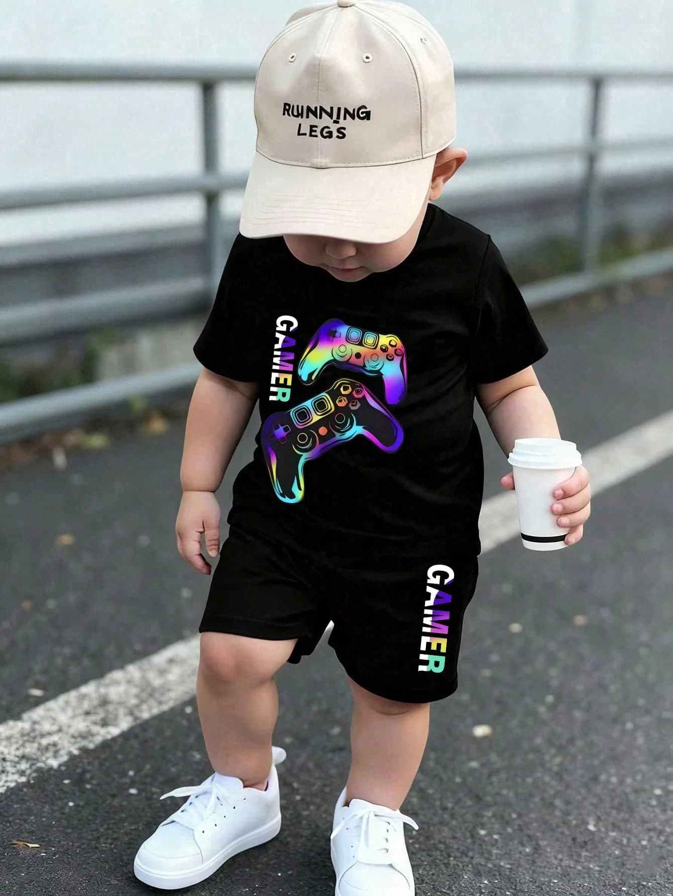 Baby Boy Cartoon Print Short Sleeve T-Shirt And Shorts