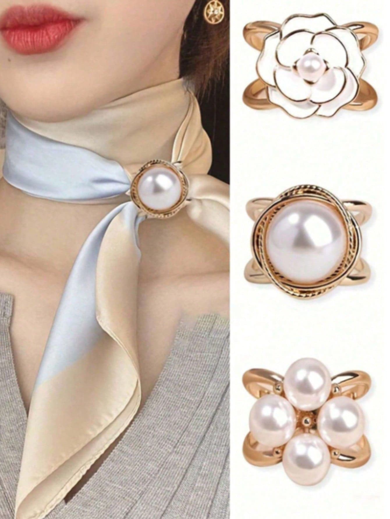 3pcs Women's Fashion Faux Pearl Scarf Clips Set, Versatile Scarf Rings & Buckles,Beach,Holiday,Travel Essential