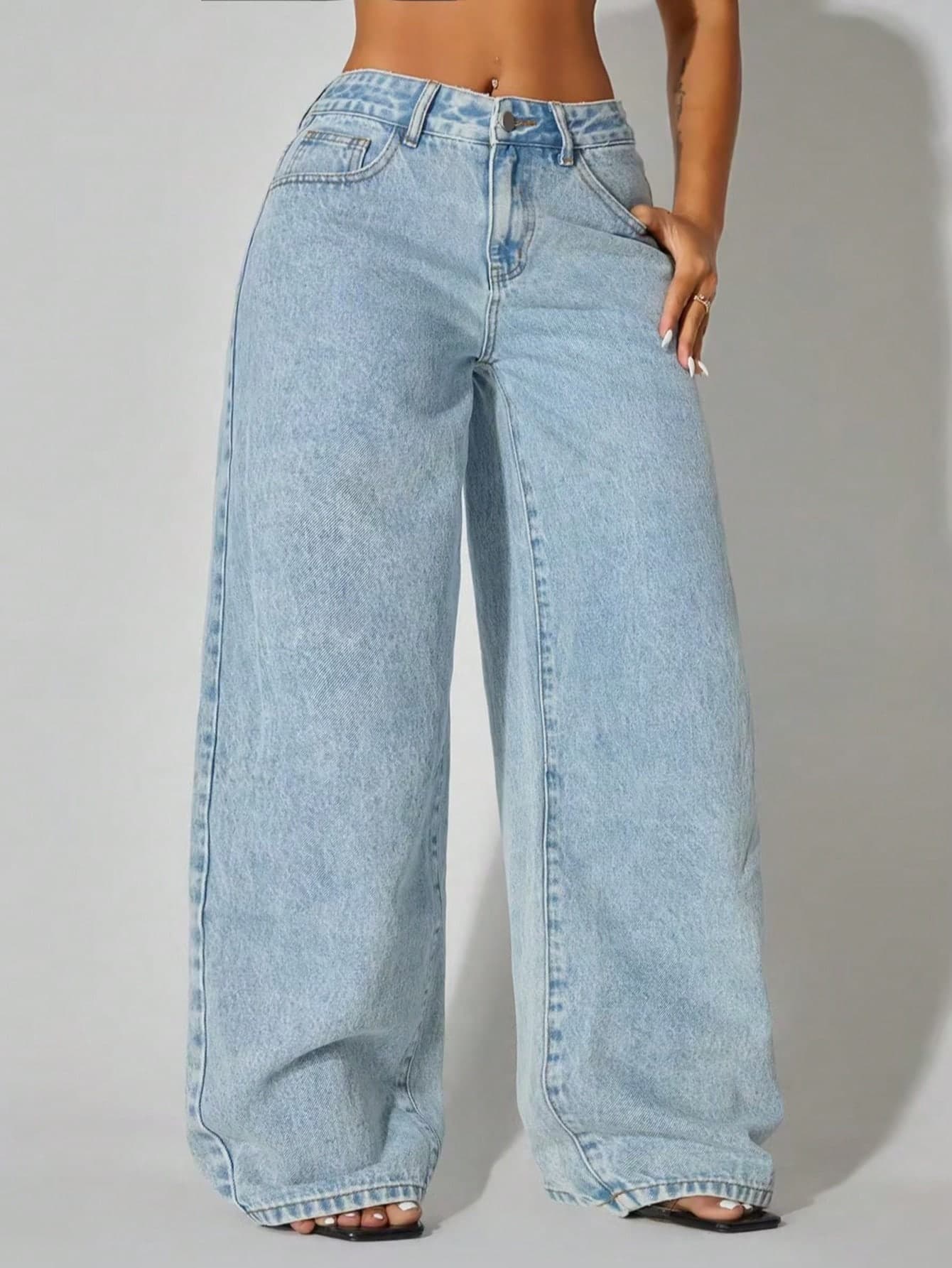 Low Waist Wide Leg Casual Blue Side Pockets Curved Women Jeans, Autumn Clothing Spring