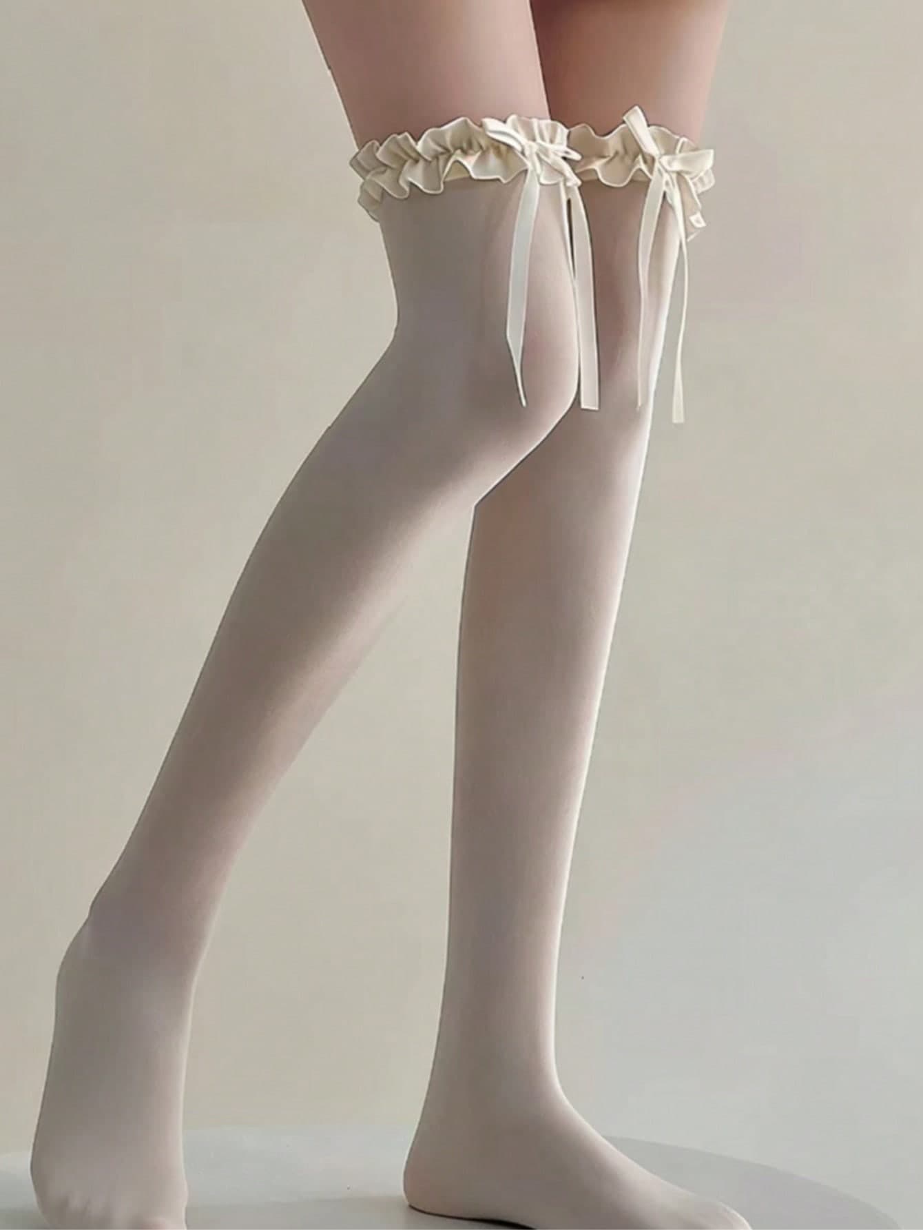 1 Pair Solid Color Bow Lace Over-The-Knee Socks, Black, White, Ivory Options, Pair With Skirts To Slim Legs, Versatile & Sweet For Women & Girls