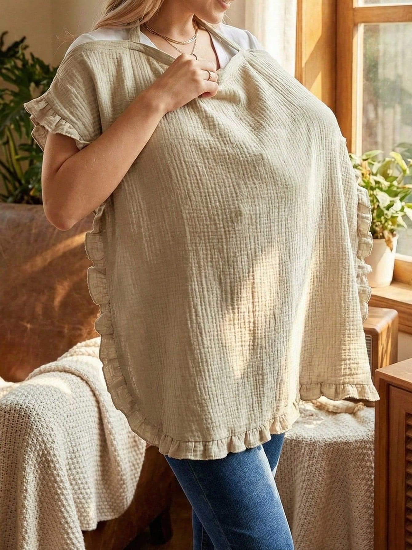 1pc Muslin Nursing Cover For Breastfeeding, 100% Cotton Breathable Breastfeeding Cover Up With Ruffle, Multi-Use Privacy Shawl For Mom