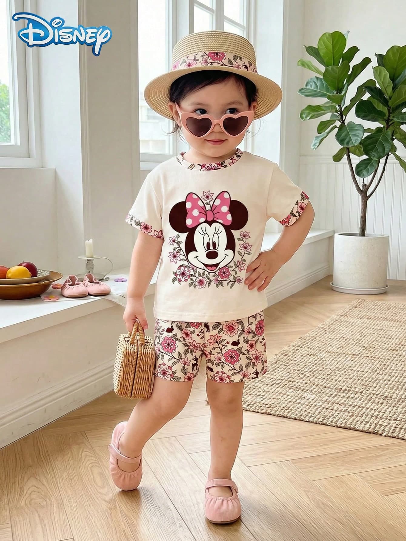 Disney Summer 2pcs Baby Girls Cute Minnie Mouse Ditsy Floral Short Sleeve T-Shirt And Shorts Set, Casual Baby Girl Daily Basic Letter Print Knit Round Neck Tee And Elastic Waist Pants, Outdoor Holiday Outfit